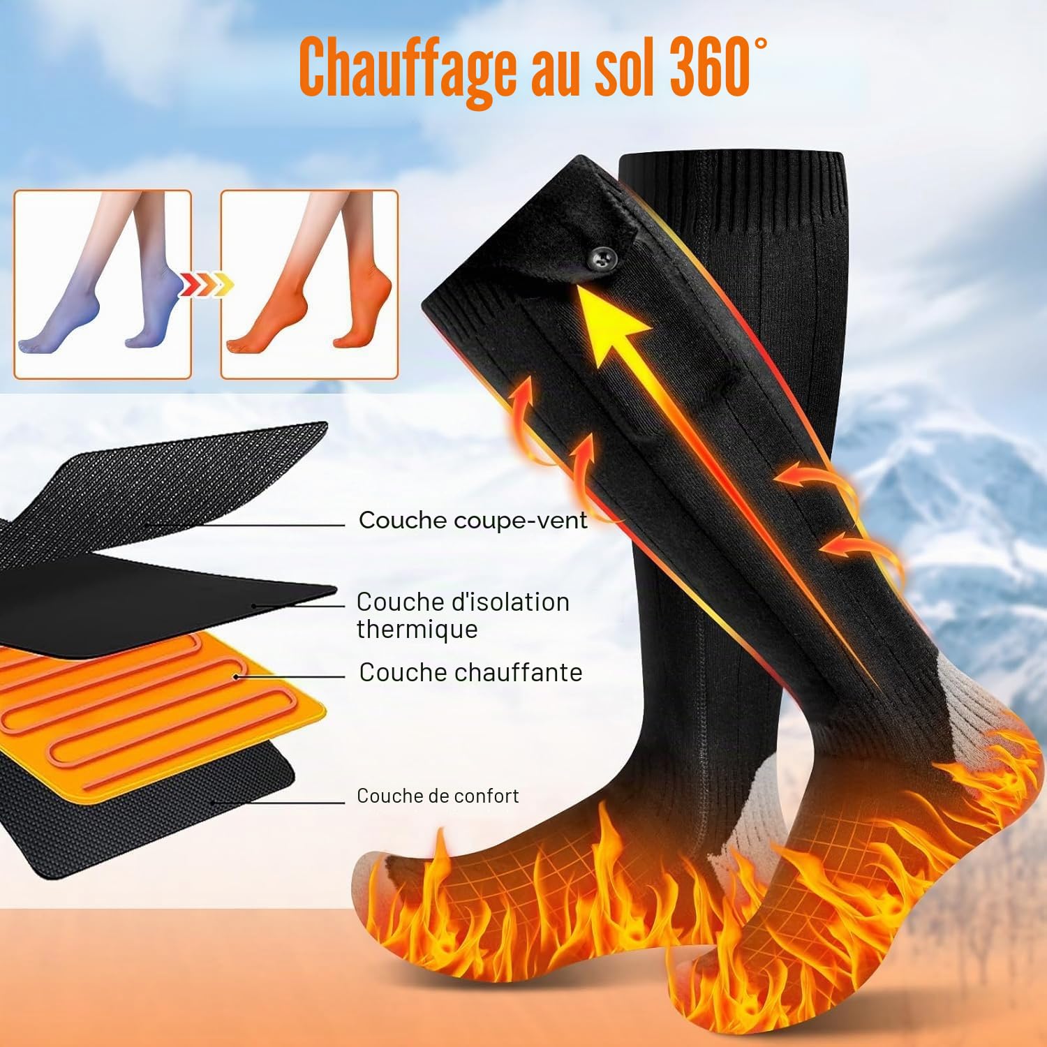 Chaussettes chauffantes, épaisses avec 2 batteries de 5000 mAh 5 V, 4 niveaux de chauffage, élastiques, chauffantes à 360 °, chaussettes chauffantes lavables pour homme et femme, 36-46 pour ski