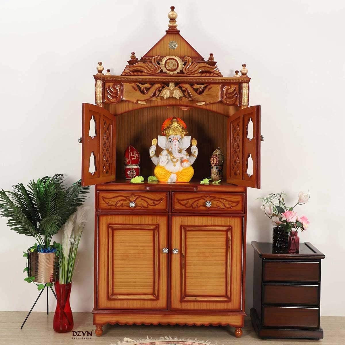 DZYN Furnitures Divine Palace Large Floor Rested Wooden Temple with Door/Pooja Mandap/Made with Solid Teak Wood/Handcrafted Pooja Mandir Big Sizewith Premium Gloss Finish (Teak Gold)