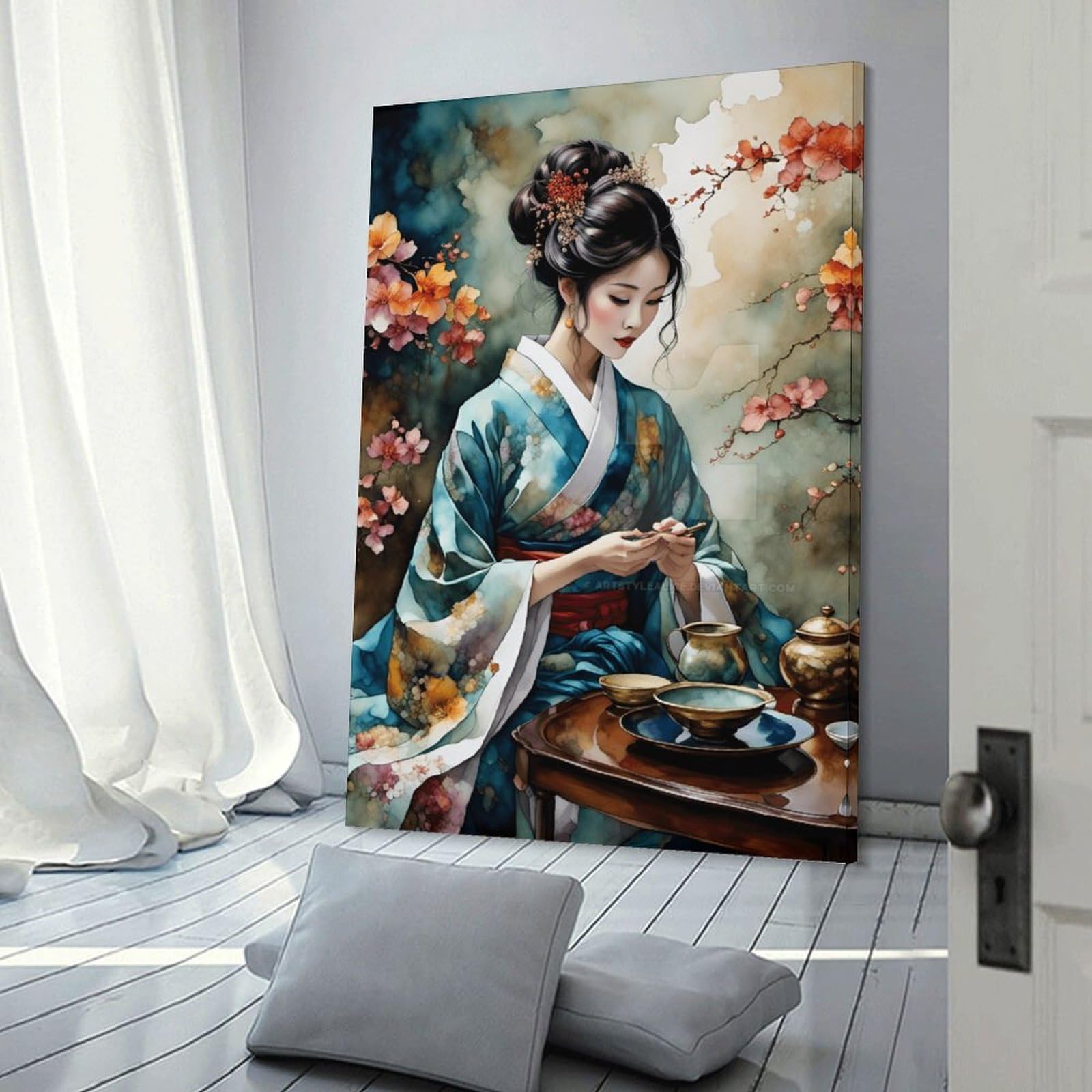 Junmoney Frame-Style-19 Japanese Woman In Kimono Wall Art Print, 20X30inch(50X75cm), For Living Room, Bedroom, Office Or Hallway, A Flexible Wall Accent For Shared Spaces