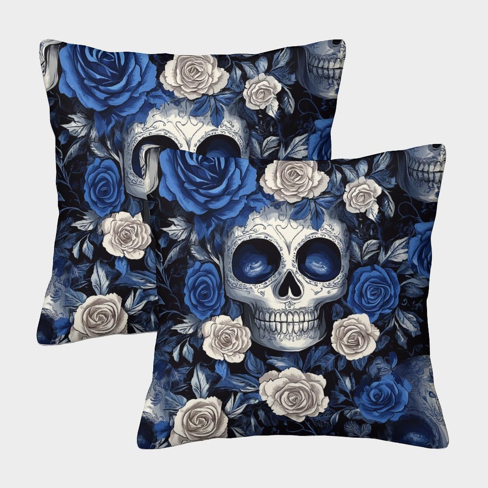 kaiyun 2 Pack Blue, White Roses - Sugar Skull 3D Image Printed Single-sided Cushion Cover 50x50cm