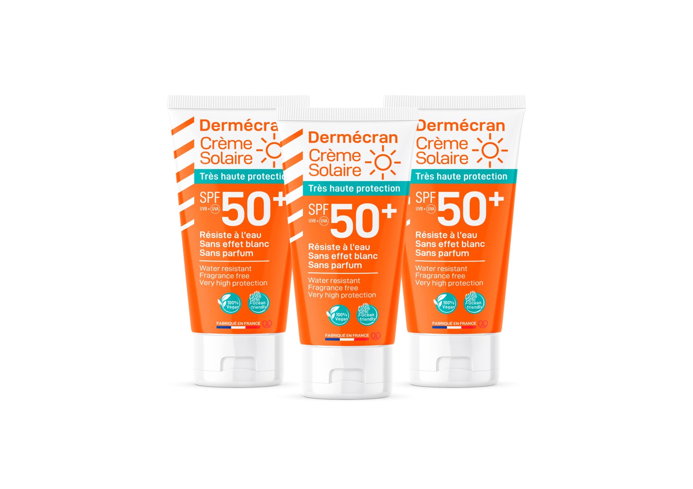 Lote de 3 - Dermecran - Protector solar SPF50+ - Cara y cuerpo - Fórmula vegana & Ocean Friendly - Resistente al agua - Para toda la familia a partir de 3 años - Tubo de 50 ml