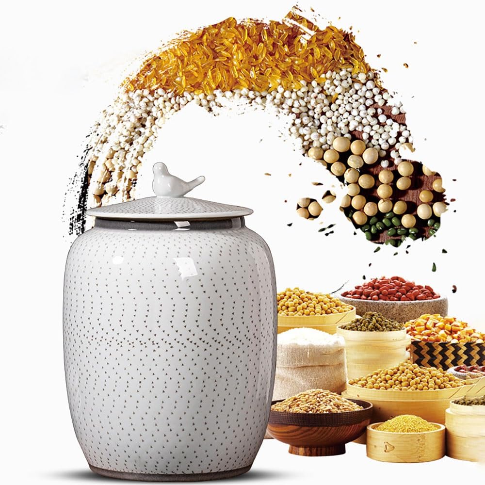 SXYHCK Ceramic Rice Bucket Dispenser, Large Ceramic Jar For Rice, Food Storage Container With Lid, Classic Food Storage Porcelain Box For Home(10kg/22lbs)