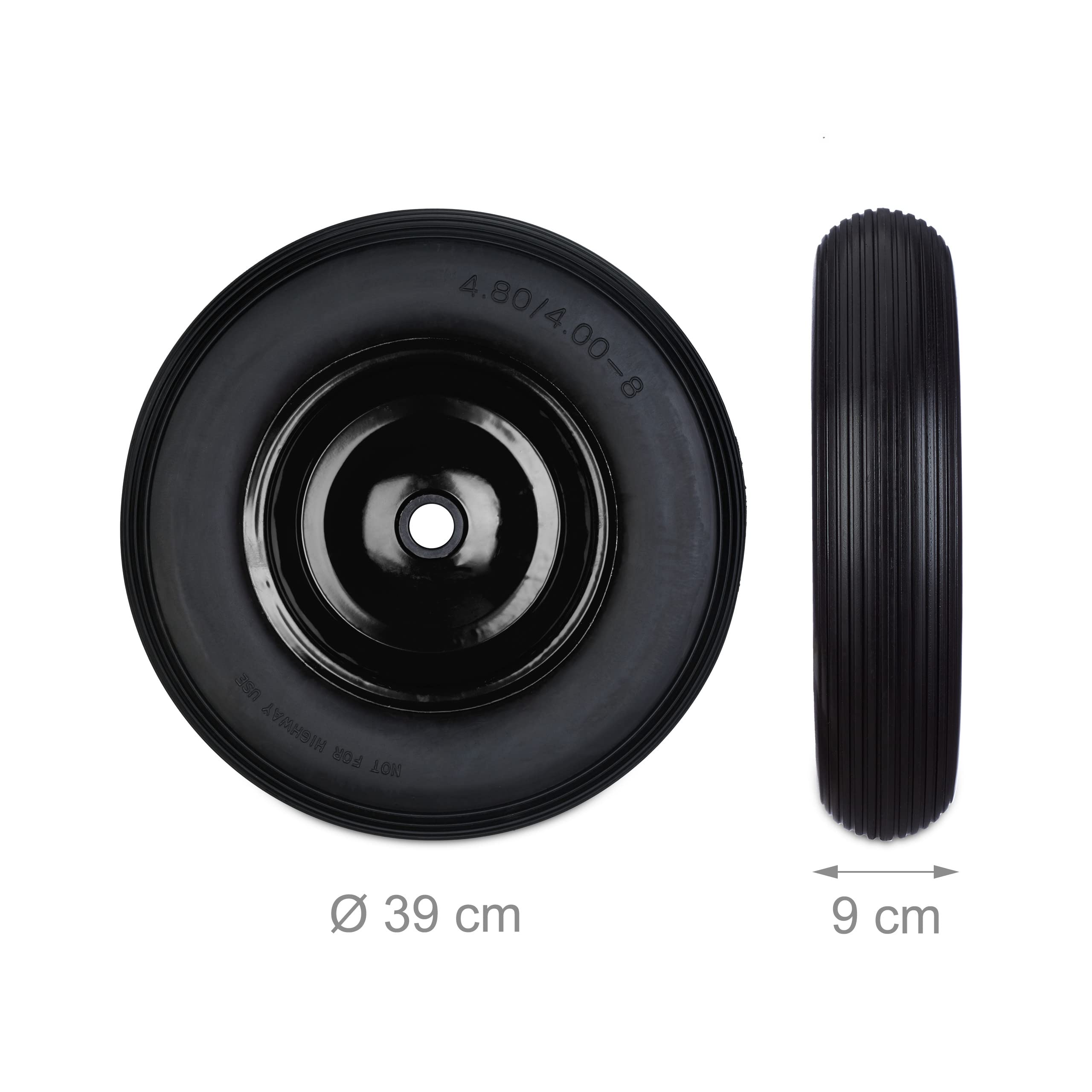 2x Ruota per Carriola 4.80 4.00-8, Gomma Piena & Cerchione in Acciaio, 3 Adattatori, Max 100 kg, Nero