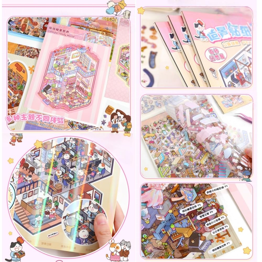 6 Sets Large DIY 3D Stickers Scene,Fun 3D Mini House Stickers Book Set for Adults with Tweezers Make Your Own Fantasy Room Sticker Scene Therapy for Adults Relief Stress Pass The Time Gift - Image 3