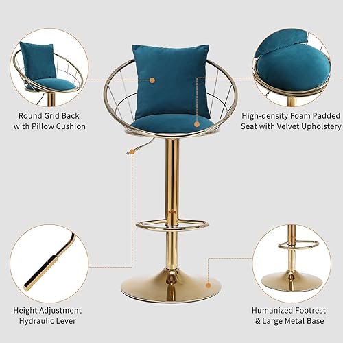 Miniatura 4 de Taiweny Juego de 2 taburetes de bar giratorios ajustables, modernos taburetes de bar tapizados de terciopelo con respaldo de rejilla, almohada y