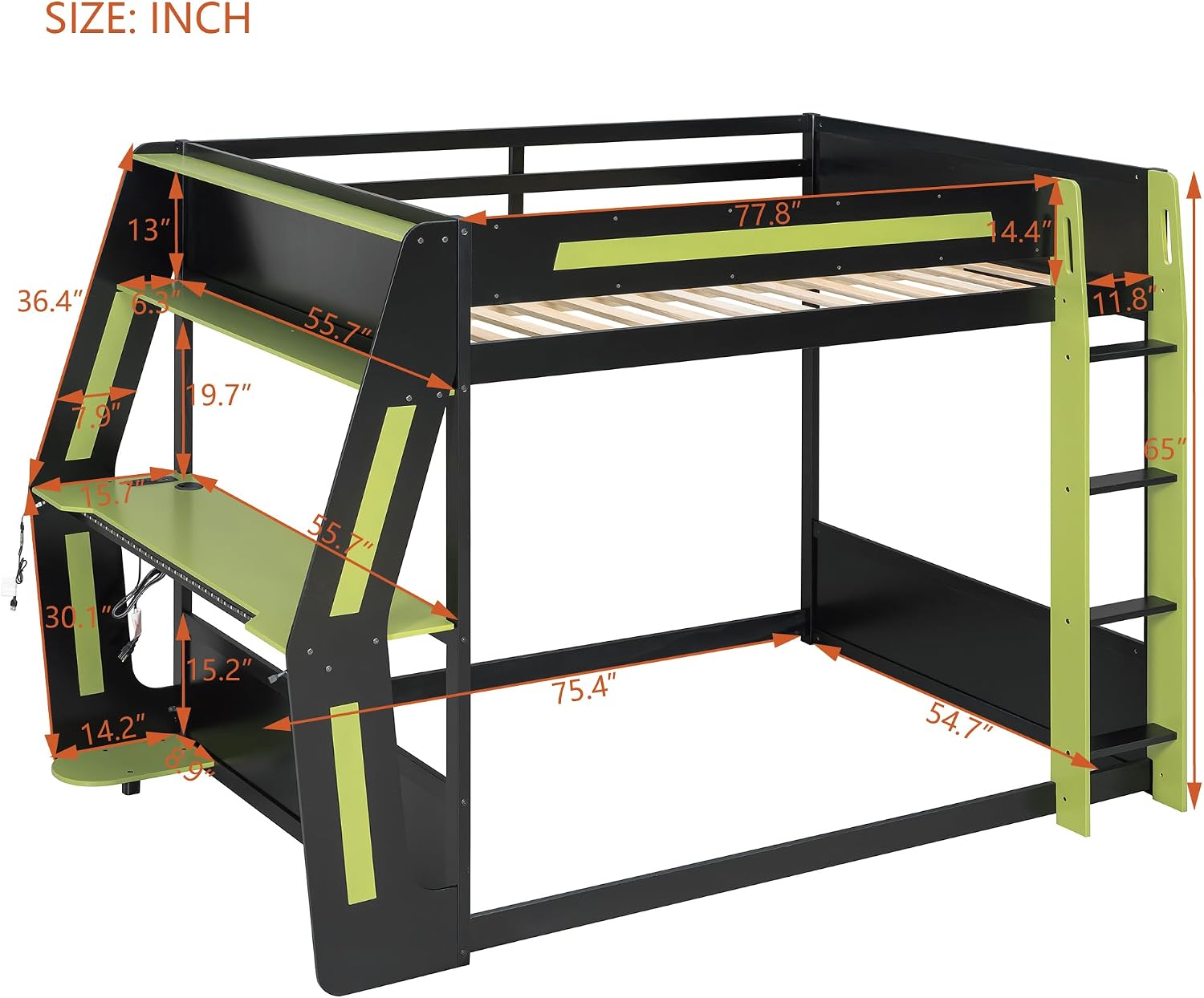 Merax Gaming Bunk Bed with Side-Mounted Oversized RGB Desk, USB Charging Ports & Cable Grommet, LED Light Strip, Heavy-Duty Esports Loft Frame – Cool Design, Full-Size, Green