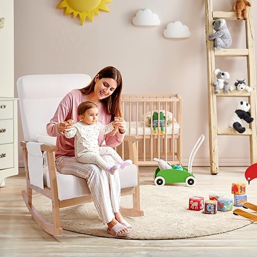 Miniatura 6 de NOBLEMOOD Mecedora con otomana y almohada lumbar esponja gruesa de respaldo alto silla de madera con almohadilla silenciosa para sala de estar