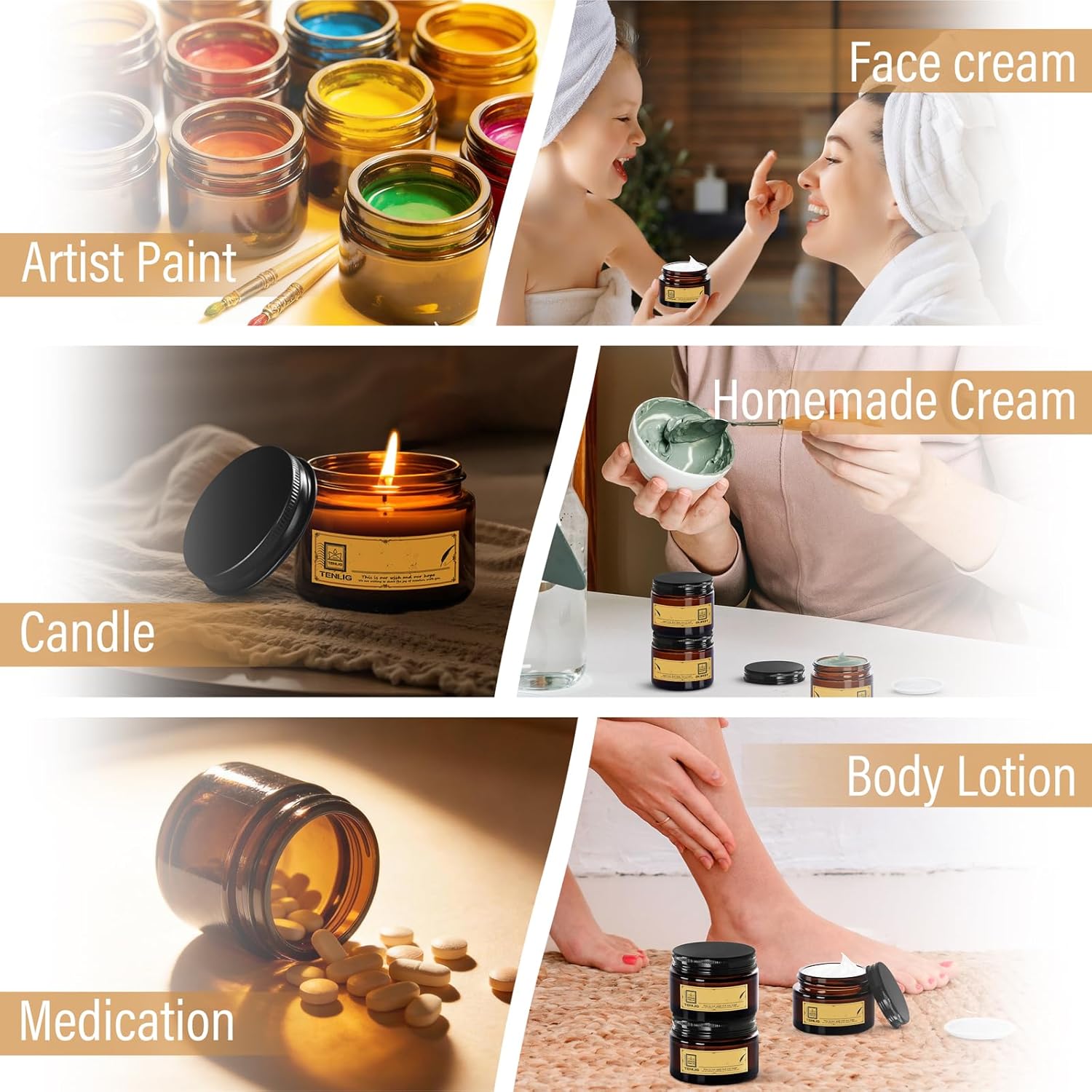 1.75 oz Glass Jars with Lids,Amber,12 Pack Empty Cosmetic Containers with Inner lids and Inner Liners,Black Metal Lid,Refillable Round Airtight Jars,Use to store Lotion,Powders,Candle Making