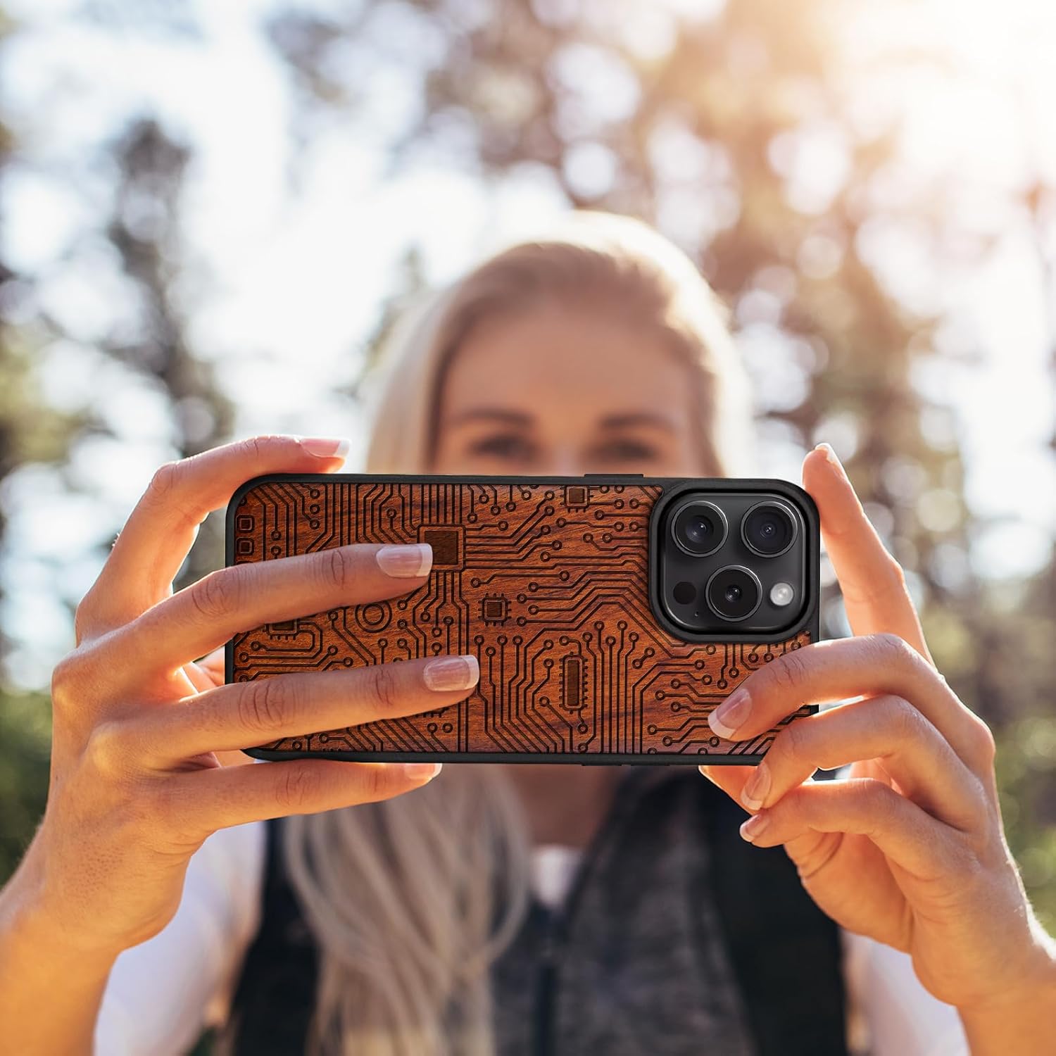 Carveit Magnetic Wooden Case for iPhone 16 Pro Max Case, Wood Artisan Engraved & Black Soft TPU Shockproof Cover, Compatible with MagSafe Wireless Chargers (Motherboard) Rosy