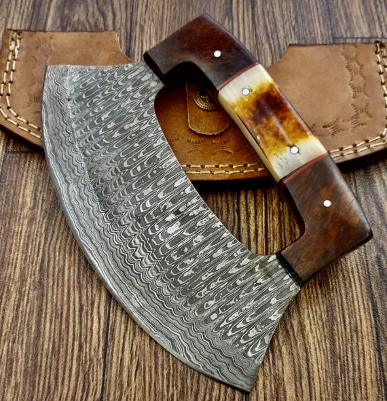 TTC-111 Handmade Damascus Ulu kitchen Knife -Wood Handle (Bone/wood Handle)