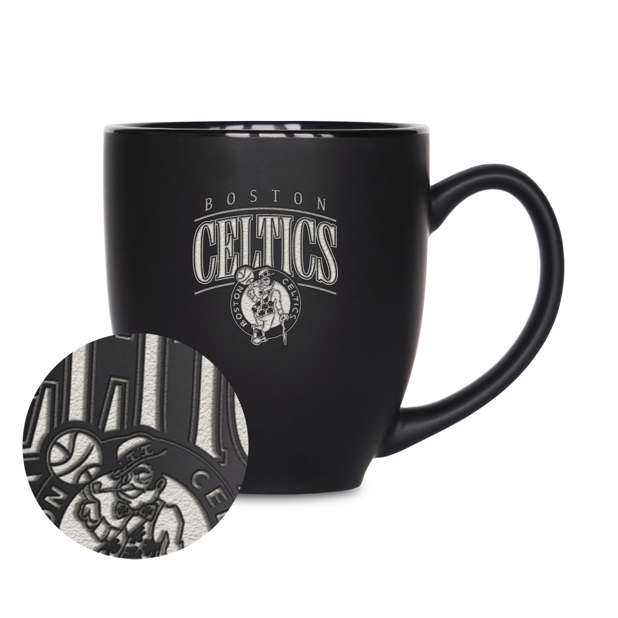 Rico Industries NBA Basketball Boston Celtics Alternate 1 15oz Laser Engraved Matte Black Ceramic Bistro Mug - for Hot or Cold Drinks