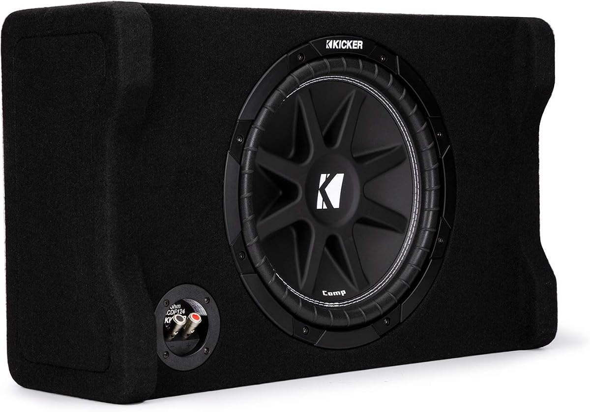Kicker 48CDF124 Down-Firing 12 Inch Subwoofer in Enclosure 4 Ohm (Renewed) | Loaded ported sub box design, space-saving behind-seat truck fit, protected downward woofer, deep bass output, easy install