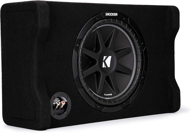 48CDF124 Comp 12" Subwoofer in Down Firing Enclosure, 4-Ohm | Loaded ported box design, space-saving behind-seat truck fit, protected downward woofer, deep bass output, easy install