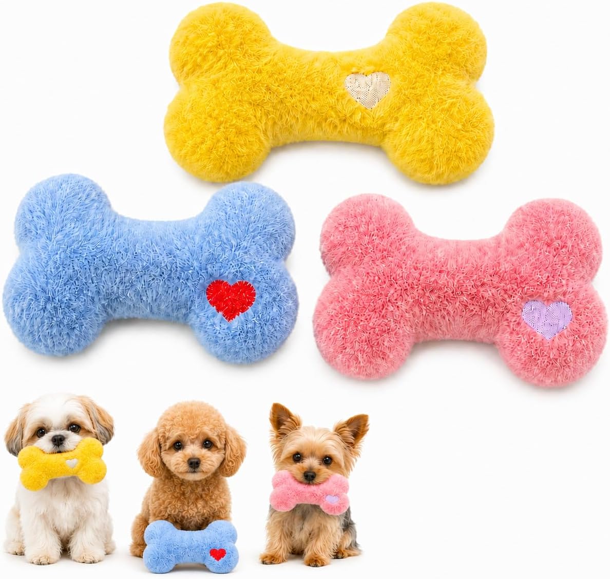3 Packs Calming Plush Toys for Dogs, Cute Bone-Shaped Squeaky Toys, Durable Puppy Chew Toy for Small, Medium Dogs