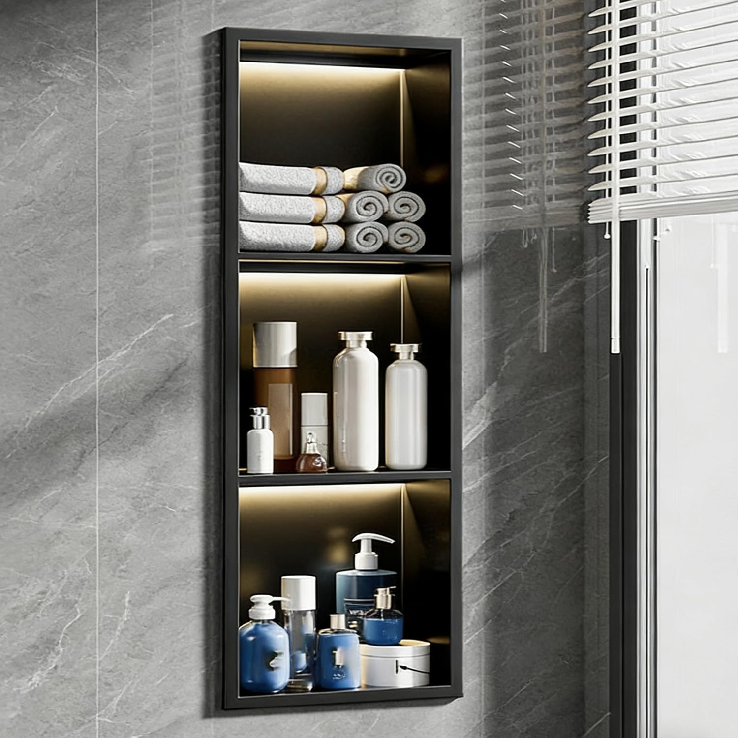 Stainless Steel Shower NicheShower Niche with Three shelves11 x 35.4 inchesWaterproof Shower Enclosure KitTile-Free Storage ShelvingWith LED Strip lightsMatte Black,Model 2,280 x 700 x 125