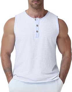Susclude Mens Henley Tank Tops Summer Cotton Muscle Shirts Sleeveless Gym Casual Tee Acid Wash Workout Beach Loose Fit Top