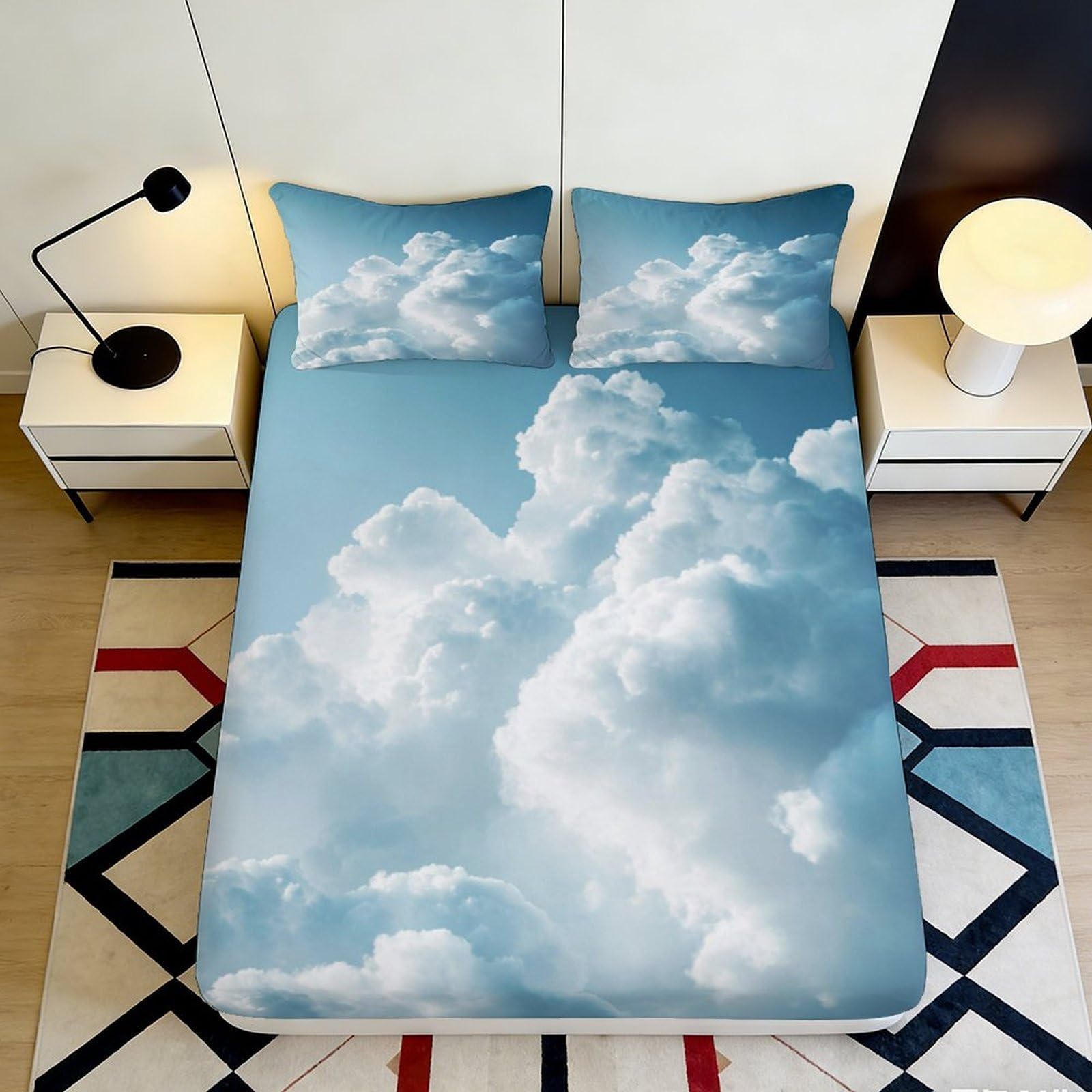 3D Printed Cloud Sky Fitted Sheet Microfiber Soft Breathable Blue Sky Bed Cover for Bedroom Dormitory Guest Room Mattress Protection Decor 120x200x25cm