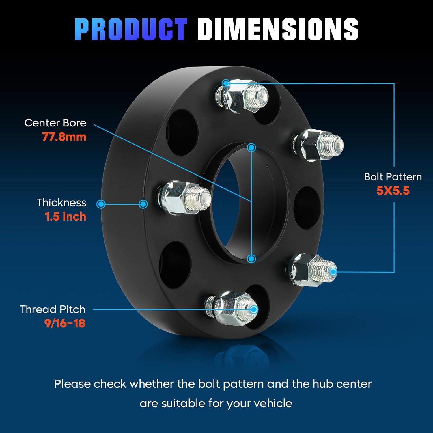 5X5.5 1.5''(38.1mm) Wheel Spacers, Hubcentric Wheel Adapters Fit for Dodge Ram 1500 2002-2010, Dakota 2005-2011, Durango 2004-2009, for Aspen 2007-2009, 77.8mm Bore Hub with 9/16-18 Studs, 4PCS