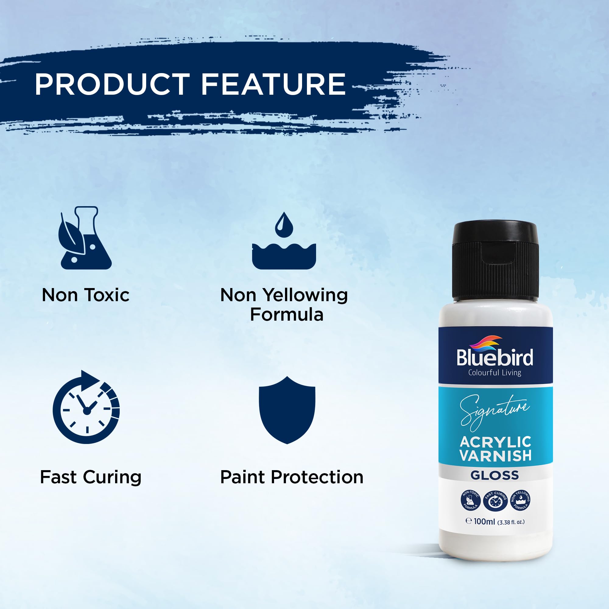 BLUEBIRD Signature Varnish for Acrylic Painting, Gloss, 3.4 Fl Oz (100ML), Non-Yellowing, Non-Toxic, Anti-Crazing, Gloss Varnish for Pro Artists, Hobby Painters & Kids