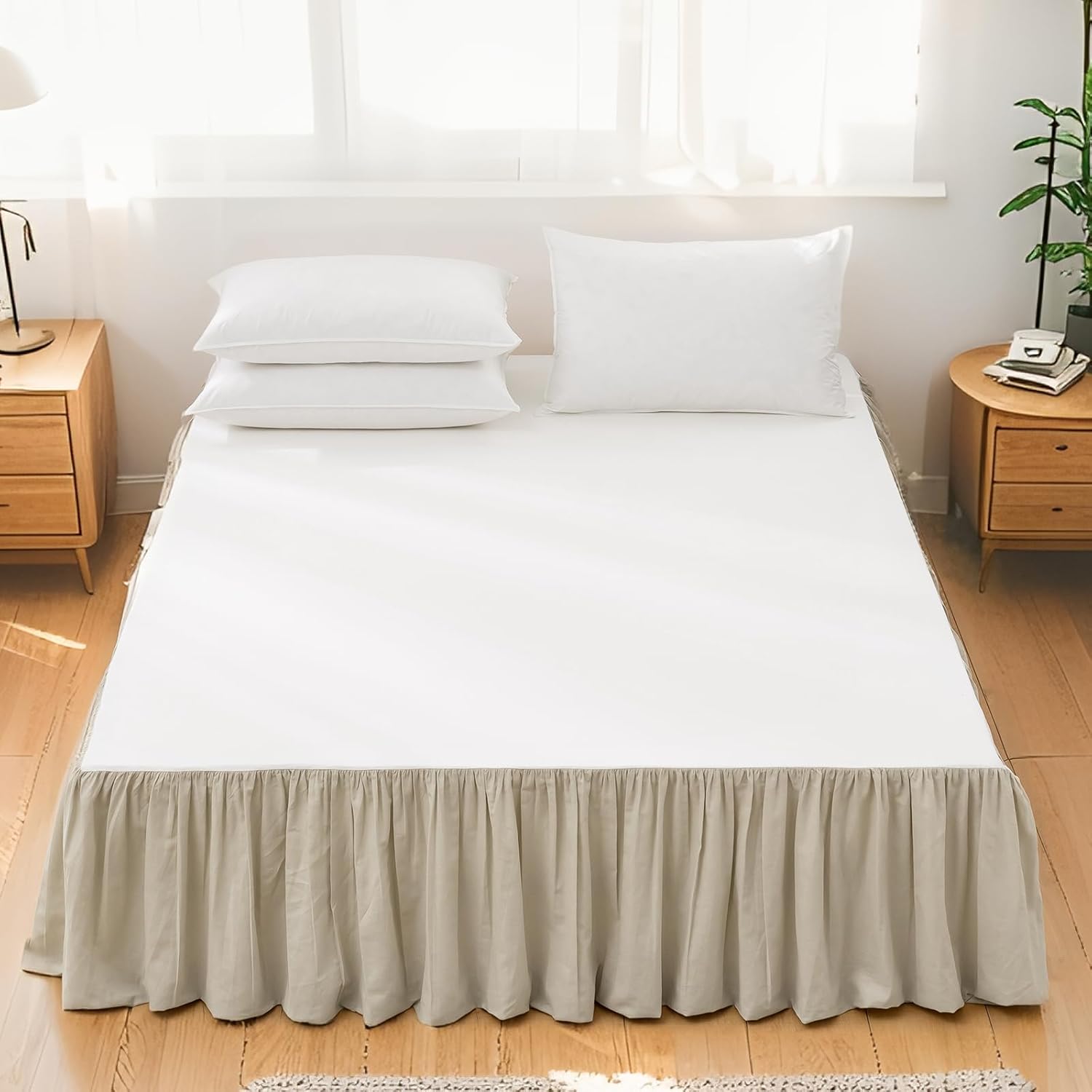 FALUCA Soft Cozy French Linen Bed Skirt with Pleated Frills - 14" Tailored Drop Dust Ruffle for Farmhouse & Modern Bedrooms, Breathable Linen-Cotton Blend, Easy-Fit Beddingy, (14" Queen, Linen)