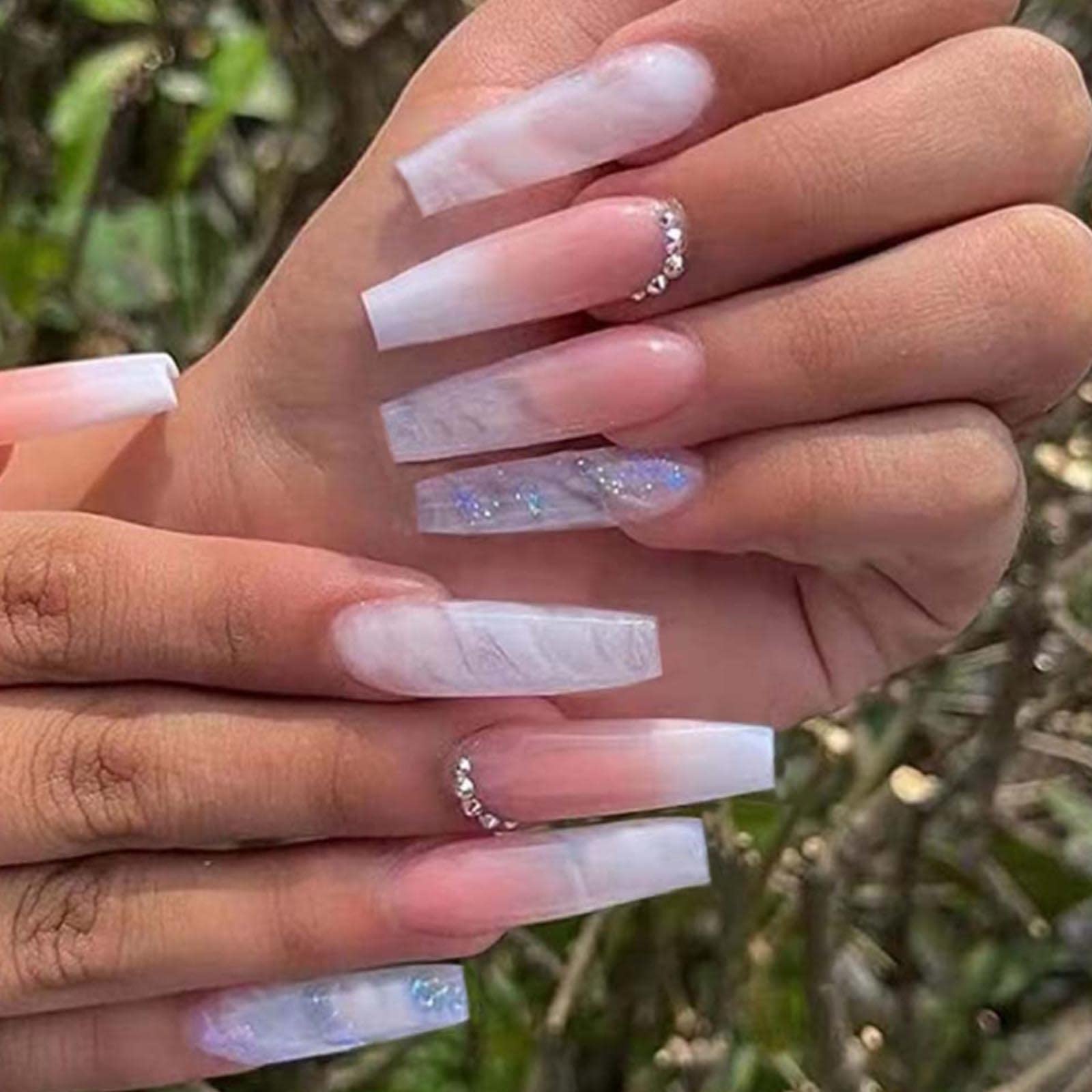 Amazon.com: Hkanlre Rhinestones Press on Nails Coffin Long Bling Fake Nails  Gradient Acrylic False Nails Full Cover Marble Nails for Women and Girls  24PCS : Beauty & Personal Care