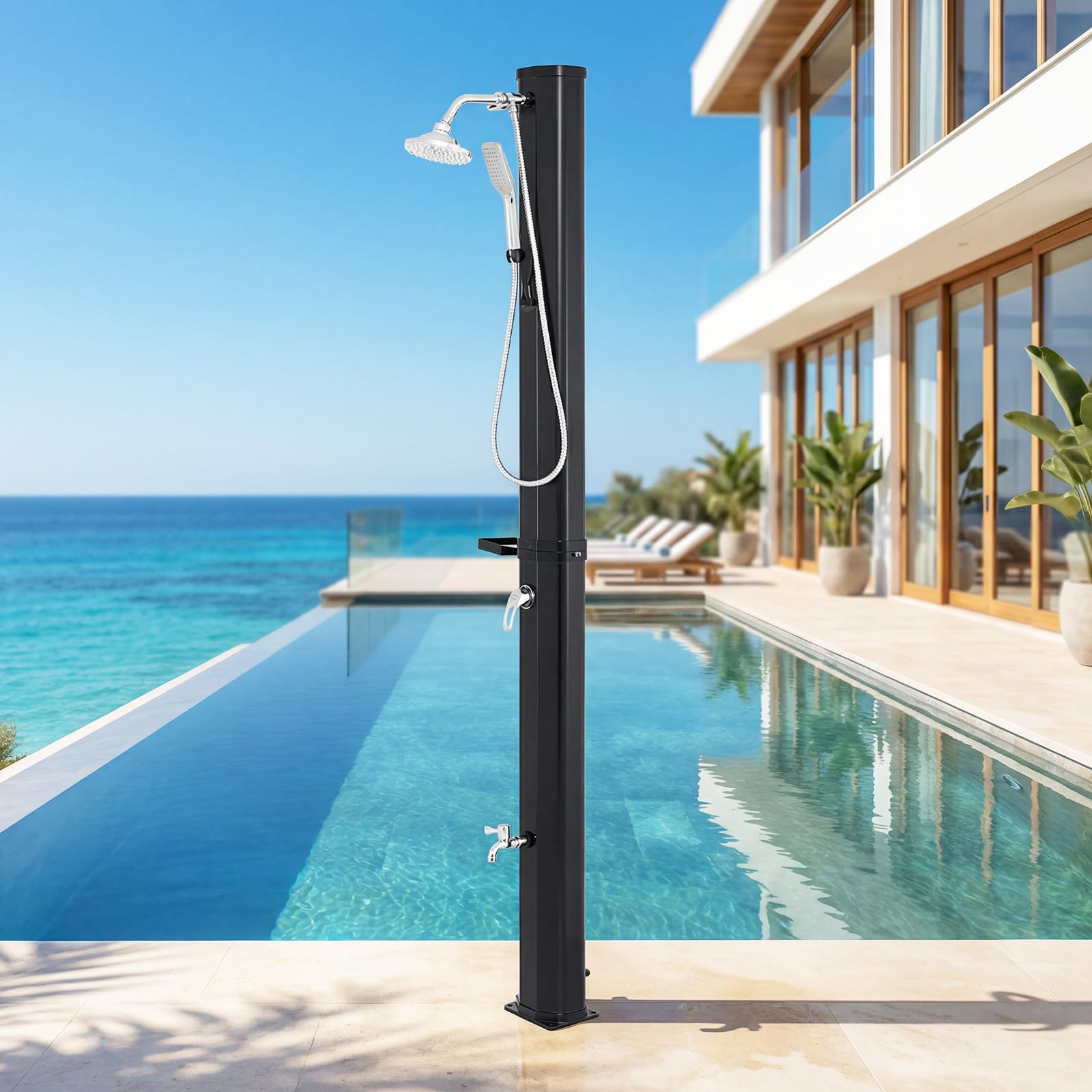 COSTWAY Solardusche 35L mit Handbrause inkl. Abdeckung | Gartendusche mit Ablage, Regenduschkopf und Wasserhahn | warmes Wasser | max. 60°C | ohne Stromanschluss | Pooldusche Camping | Schwarz
