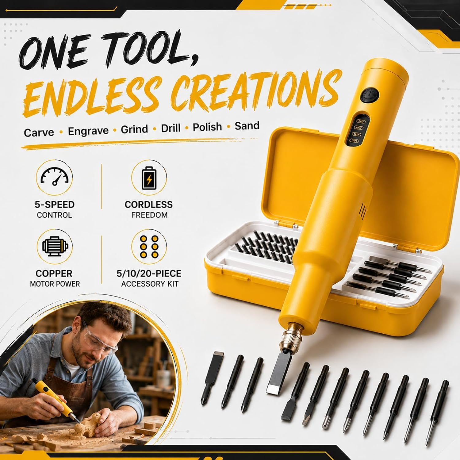 Kit Completo Per Intaglio Elettrico, Scalpello Elettrico Portatile Senza Fili, Con Custodia E 20 Lame Sostituibili, Per Incidere, Scolpire, Levigare, Forare, Lucidare E Carteggiare Legno, Green