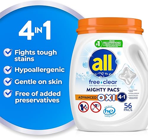 Miniatura 3 de All Mighty Pacs - Detergente para ropa con quitamanchas y blanqueadores Oxi transparente libre bañera 56 unidades