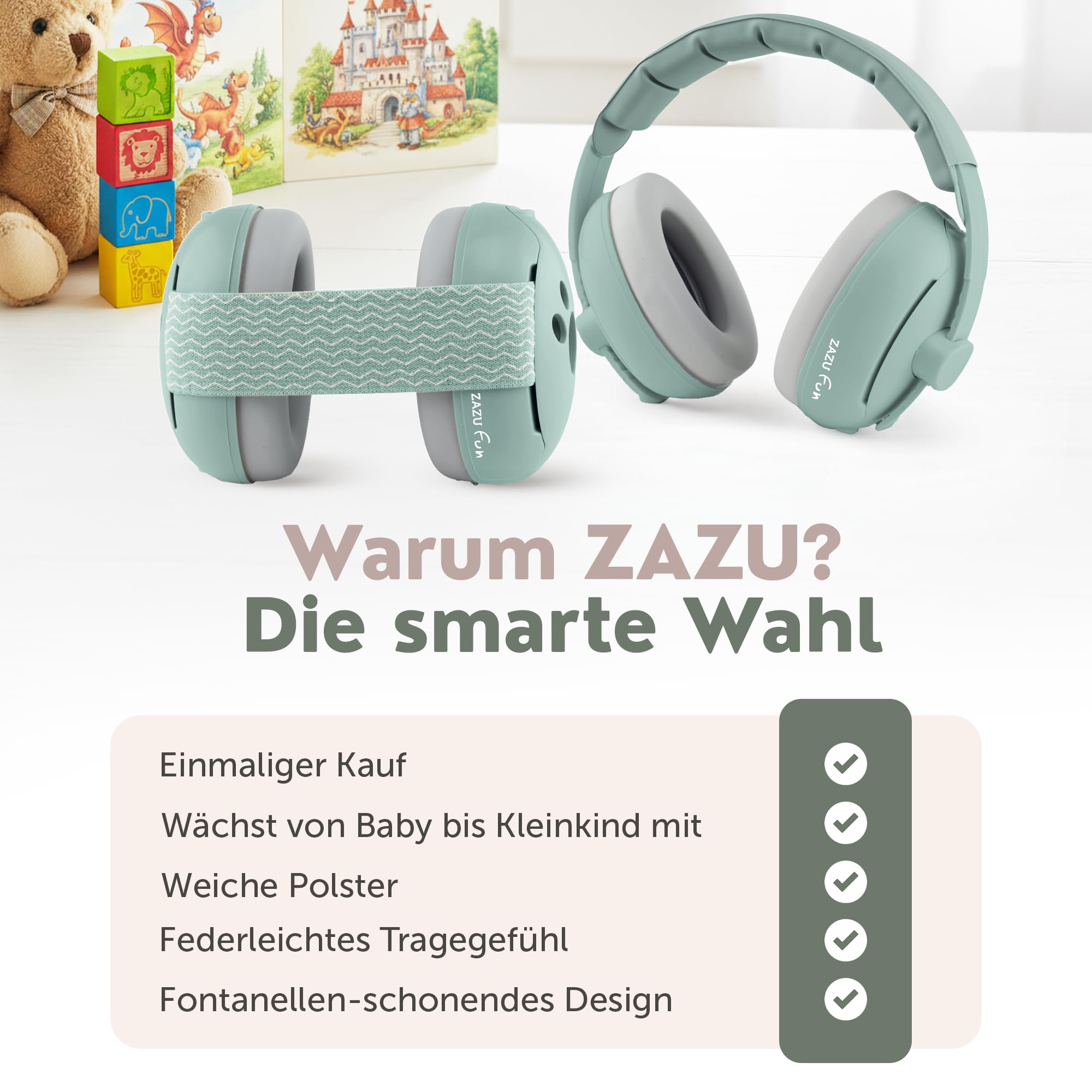 ZAZU Kinder Gehörschutz-Kopfbügel & Kopfband Set – Lärmschutz für Babys und Kleinkinder 0–48 Monate – sanft, verstellbar & anpassbar in verschiedenen Farben