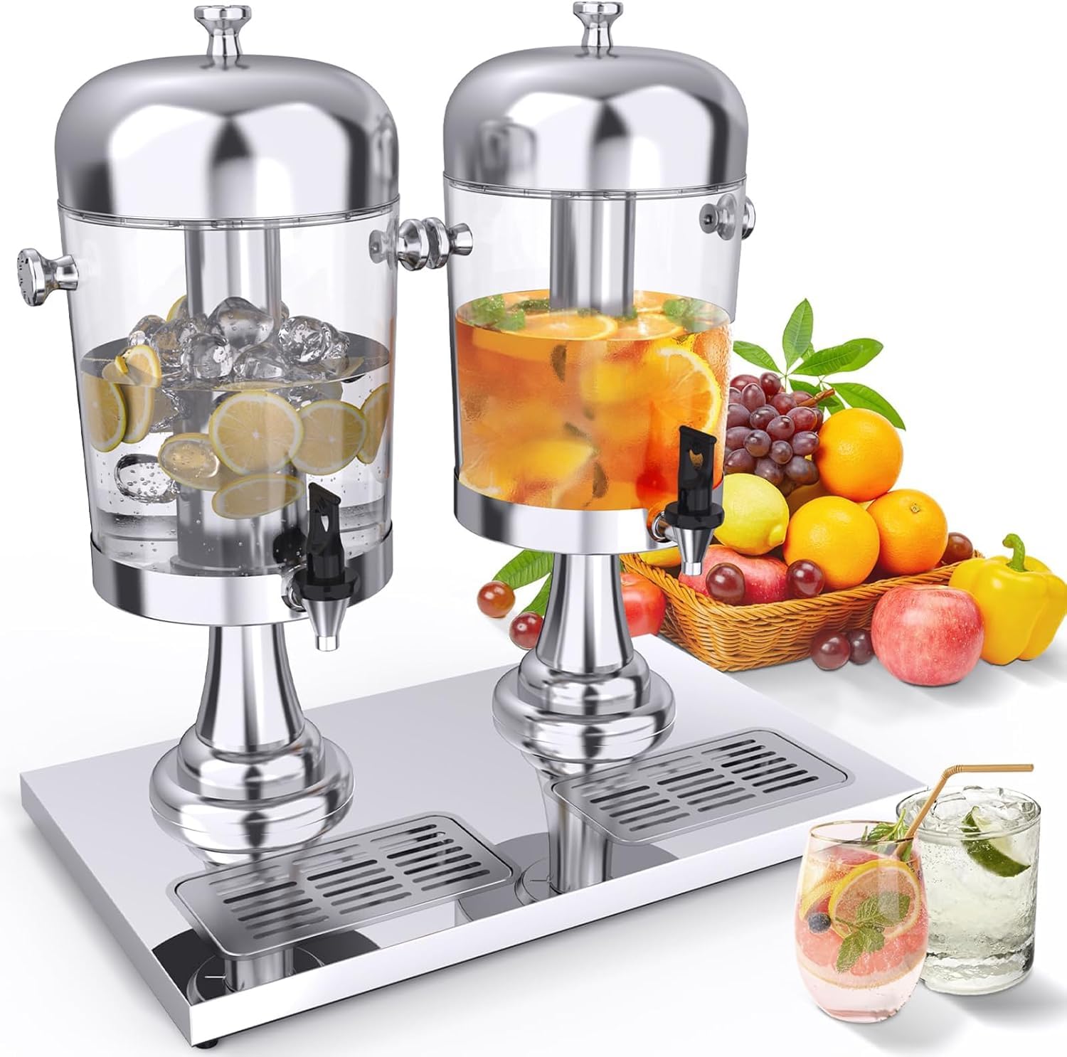 HCZKIUJY Stainless Steel Juice Dispensers, Single Beverage Allocator for Party, 4.2 Gallon Double Drink Dispenser with Centre Ice Core and Drip Tray, PC Beverage Dispenser (16L)
