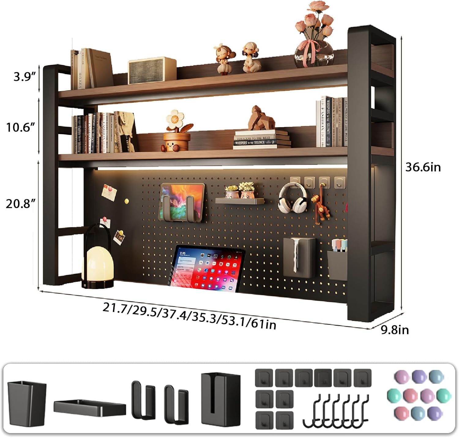 Desk Shelf Organizer for Top of Desk – Desktop Bookshelf with Pegboard & Storage Accessories, Adjustable Hutch for Dorm or Office, Steel Frame Display S Black frame + dark brown board 21.7*9.8*36.6in