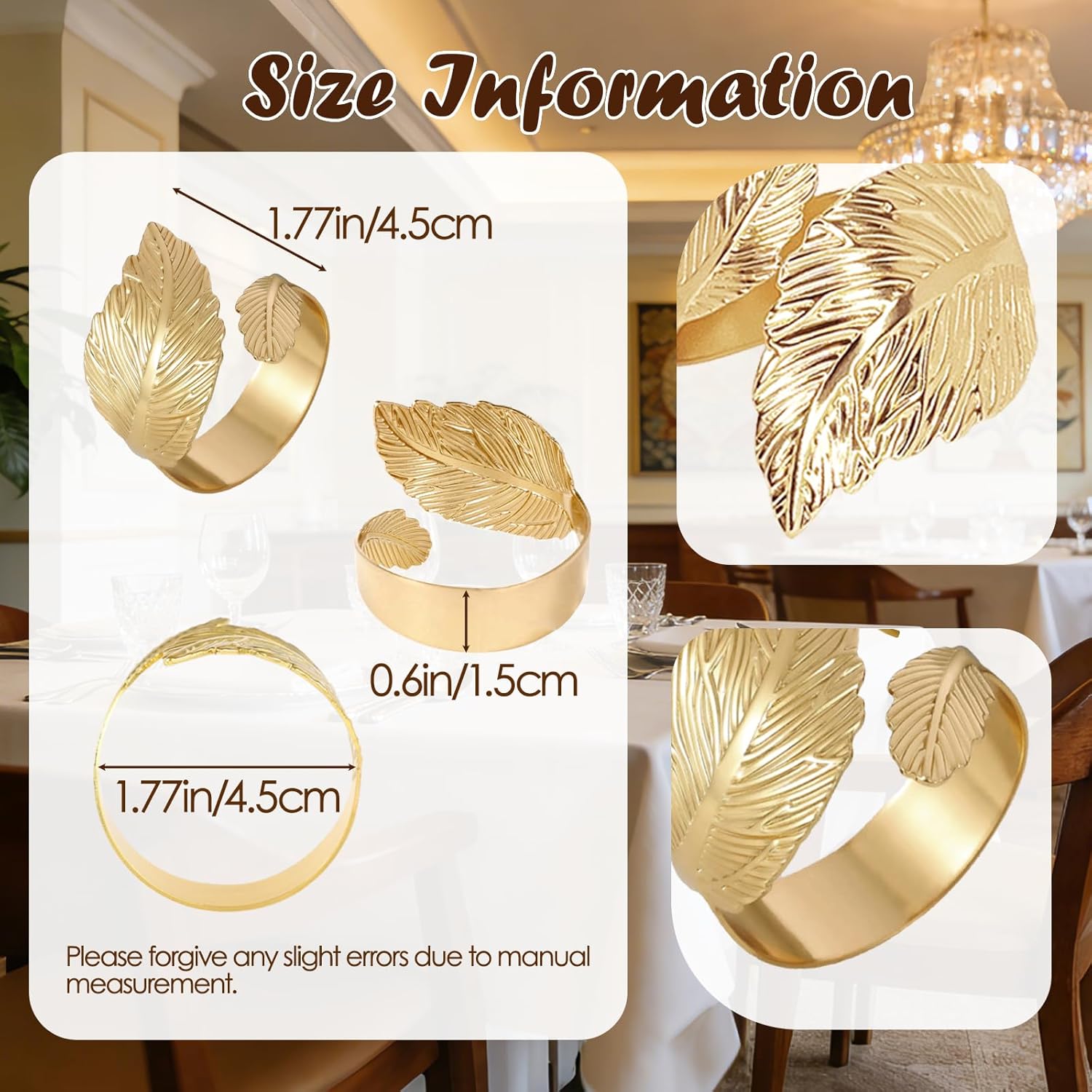 Gold Napkin Rings Set of 24,Metallic Napkin Ring Holder Buckles,Fall Napkin Ring Bulk for Christmas,Easter,Wedding,Party, Elegant Table Settings Gift (24, Matte Gold Leaf)