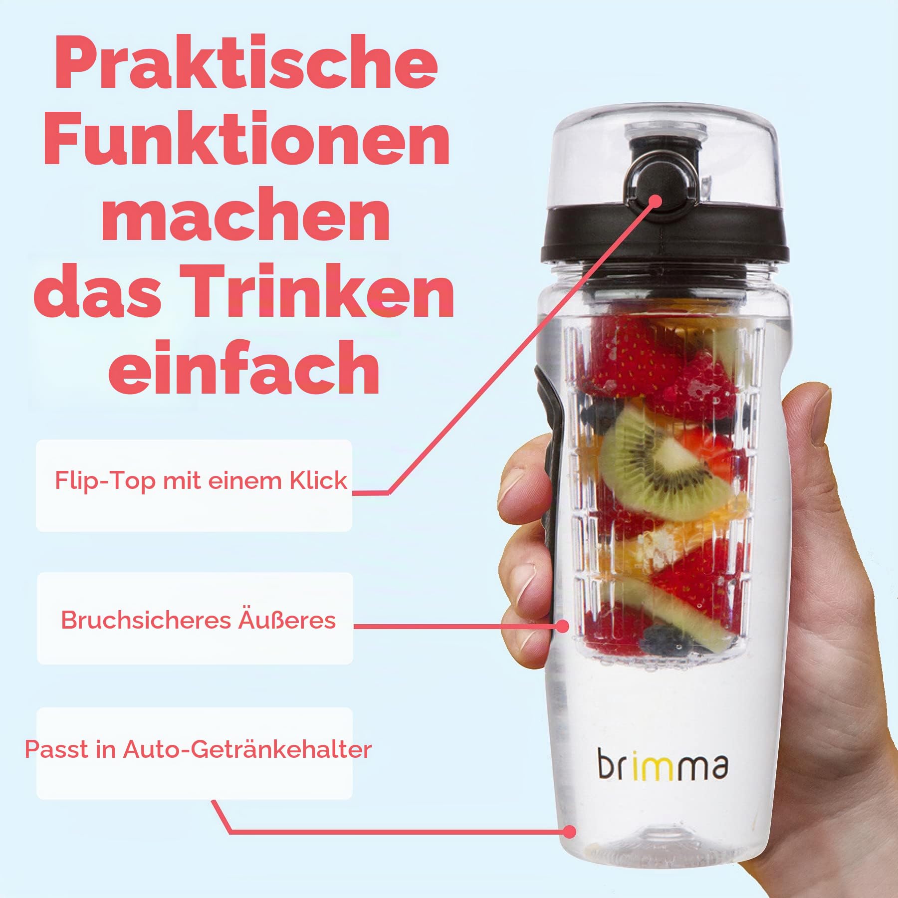 Brimma 1L Trinkflasche mit Früchtebehälter - Wasserflasche mit Fruchteinsatz - Auslaufsichere Sport Flasche - Sportflasche Water Bottle - Passt in Jede Sporttasche, Schultasche, Rucksack