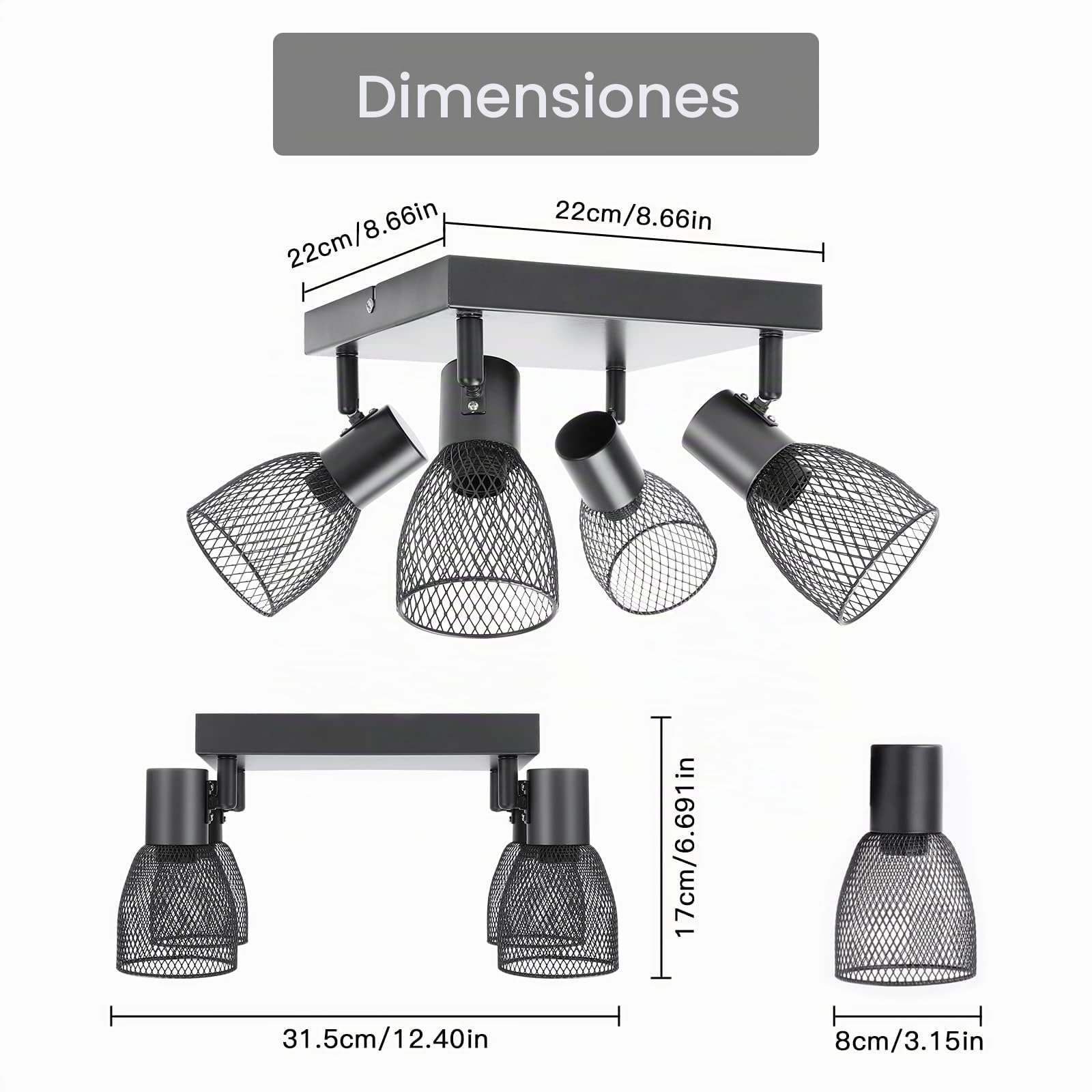 Focos Para el Techo E14, Lámpara de Techo de 3 Focos Giratorios Negro, Foco de Pared Cuadrado Iluminación LED con Pantallas de Malla Metálica para Dormitorio Cocina Pasillo (Sin bombillas E14)