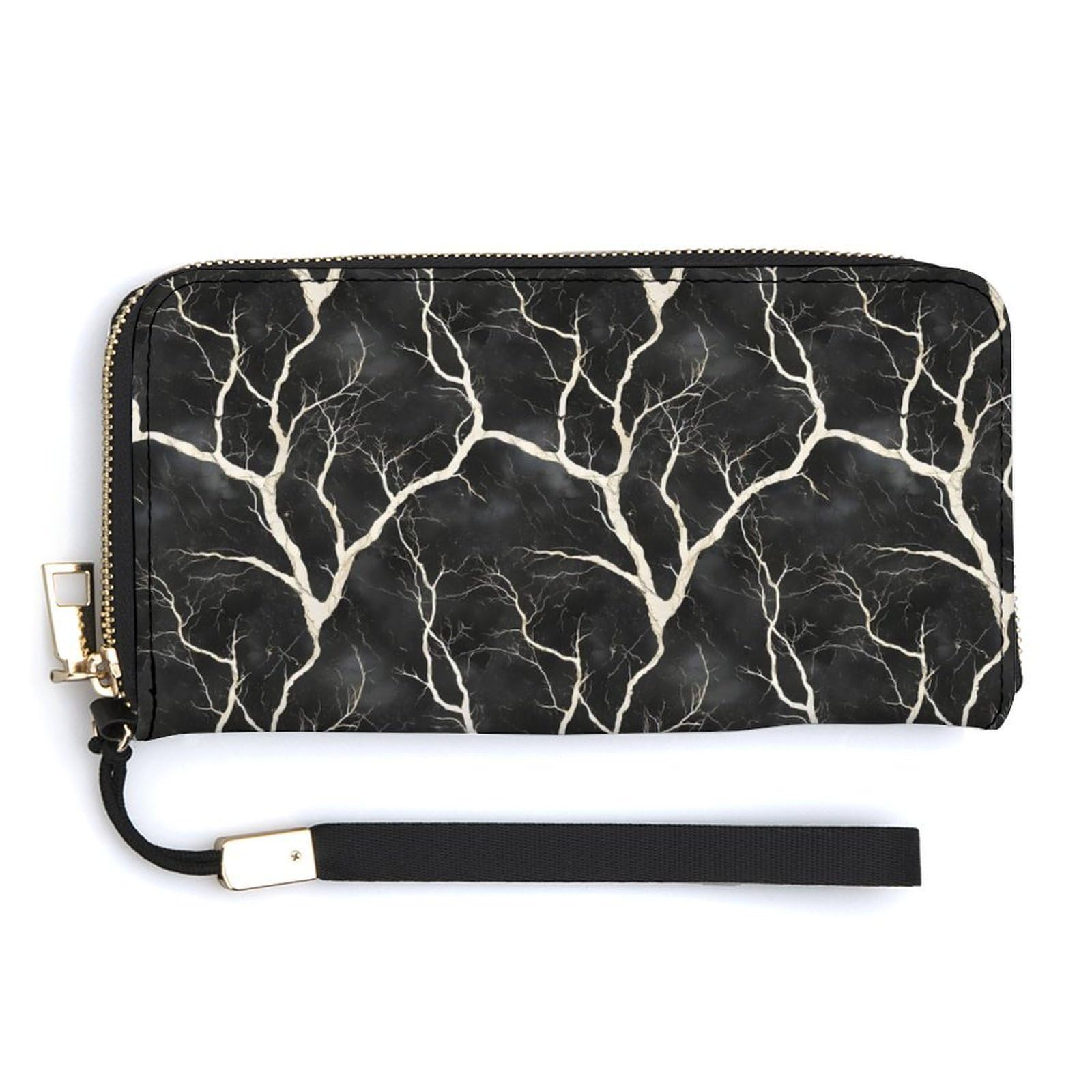 Leather Wristlet Wallets for Women - Black Tree Root Art Print Small Ladies Wallet Hand Purse with Zipper