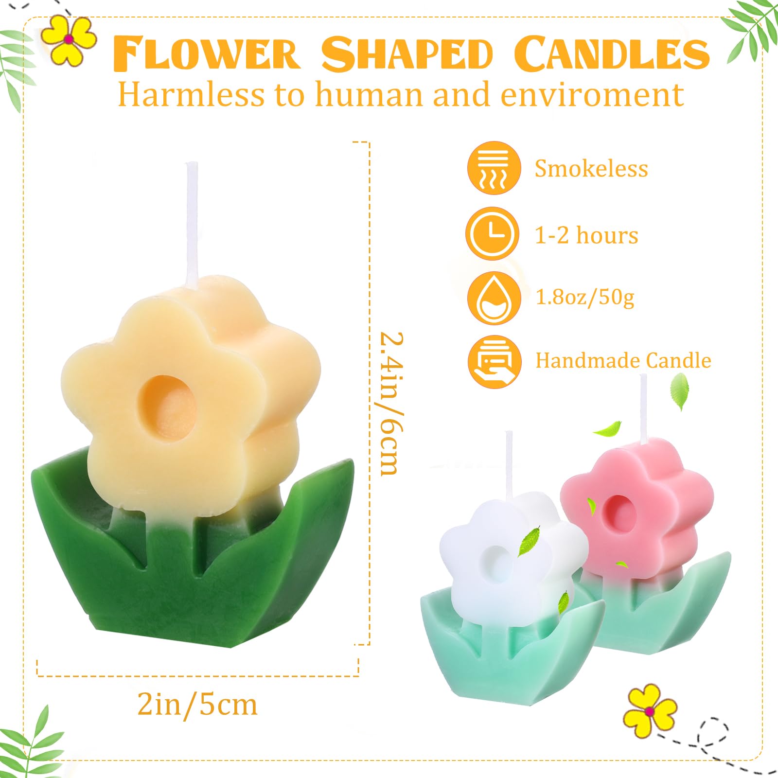 3 Stück Blumenförmige Kerzen, ästhetische Kerzen, coole Kerzen, niedliche Kerzen, dänische Pastell-Raumdekoration, Paraffin, Soja, flippige Duftkerze, Brautduschen für Geschenk, Hochzeit, Weiß, Gelb)