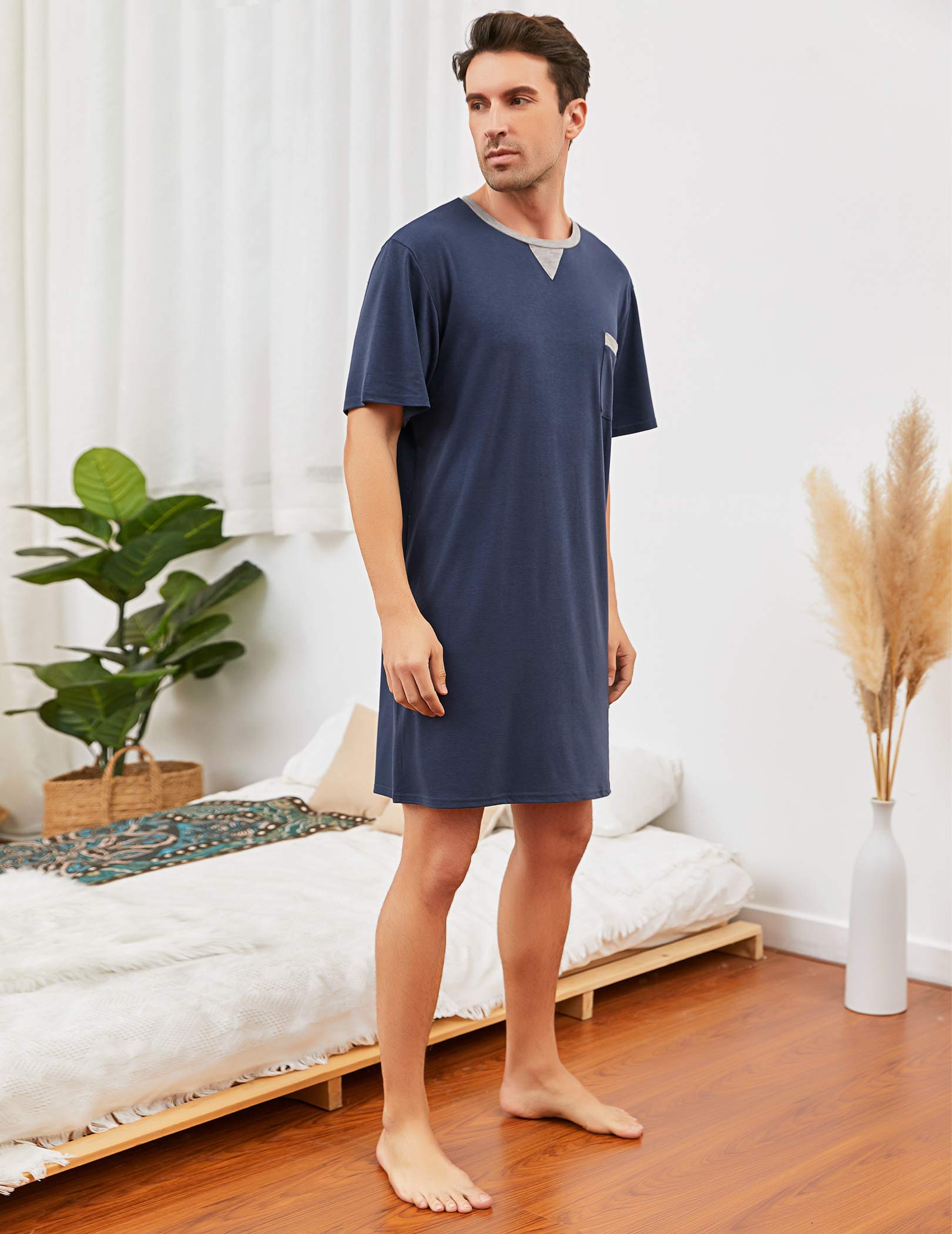 Enjoyoself Herren Baumwolle Pyjama Tops Weich Atmungsaktiv Nachthemd Knielang Nachtshirts Kurzarm Nachtwäsche Lounge Wear