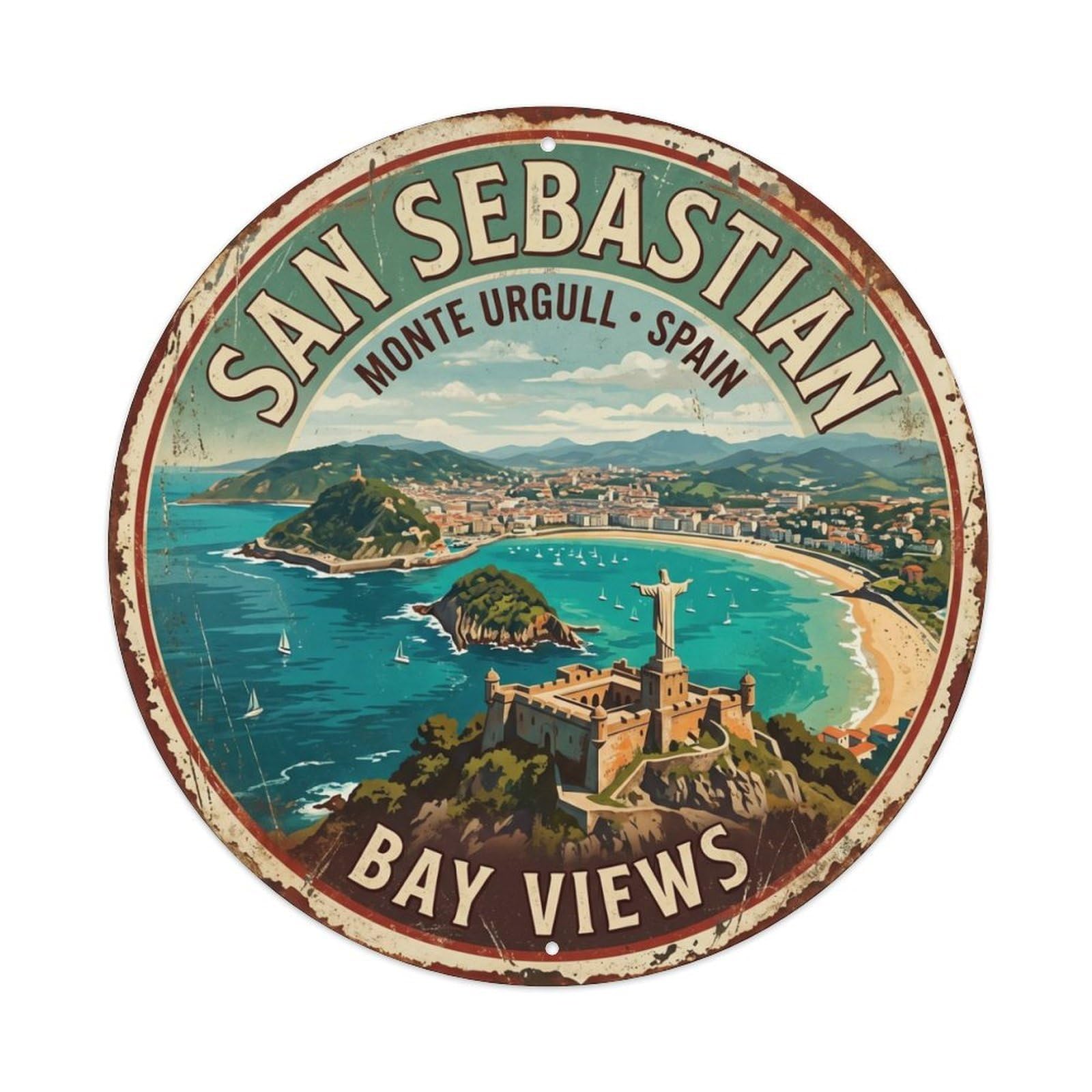 Vintage Travel Sebastian Monte Urgull Metal Tin Sign Plaque Wall Decor for Cafe, Club Bar, Office, Home Garden Round Metal Poster 8x8Inch
