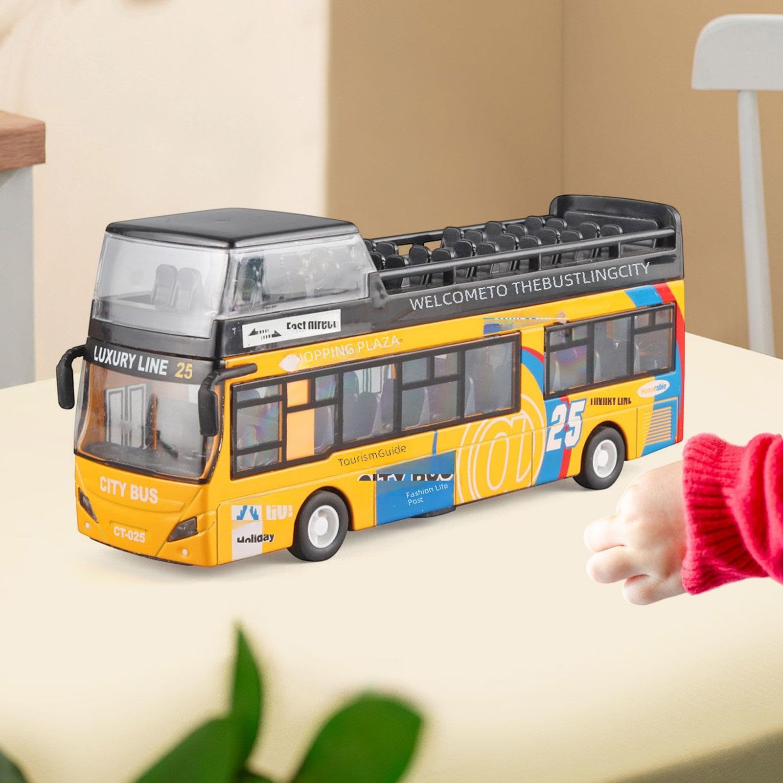 Qianly Autobus Giocattolo a Due Piani con Meccanismo a Frizione, Luci, Suoni, Porte Apribili E Pneumatici in Gomma - Adatto alla Collezione dei Bambini, Giallo