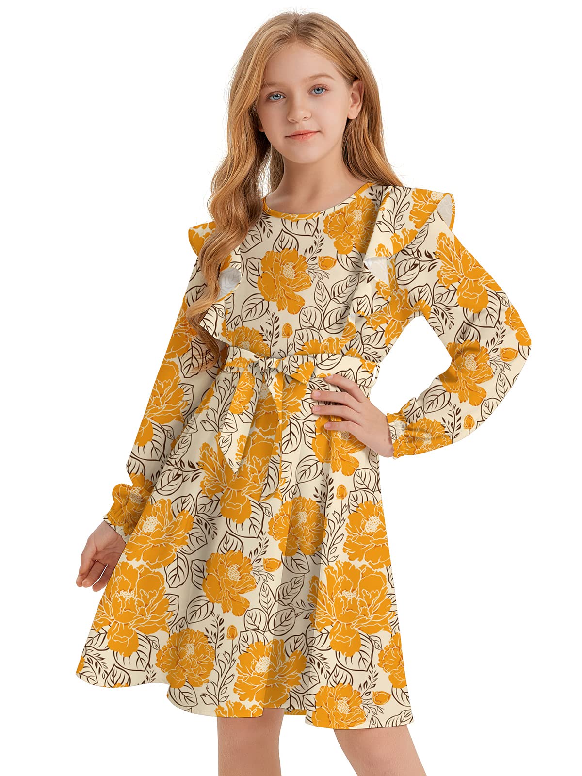 Quedoris Girls Ruffle Trim Dress Print and Solid Color A-line Swing Flared Belted Casual Party Dress with Zipper