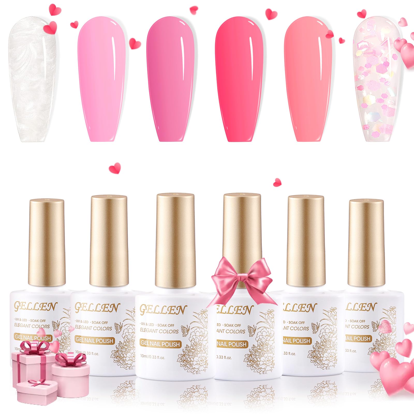 GELLENPink Gel Nail Polish Set - 6 Colors, 10ML Hot Pink Tones Magenta Sakura Soft Pink Gel Polish Soak Off Nail Art Kit for Valentines Gifts