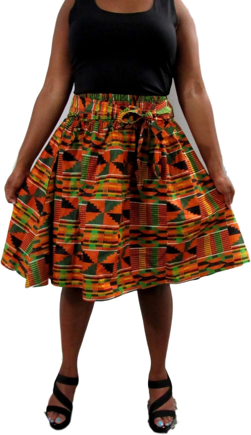 Shophaven Women's Kente African Print Skirt, One Size, Green, Red, Orange - Image 3