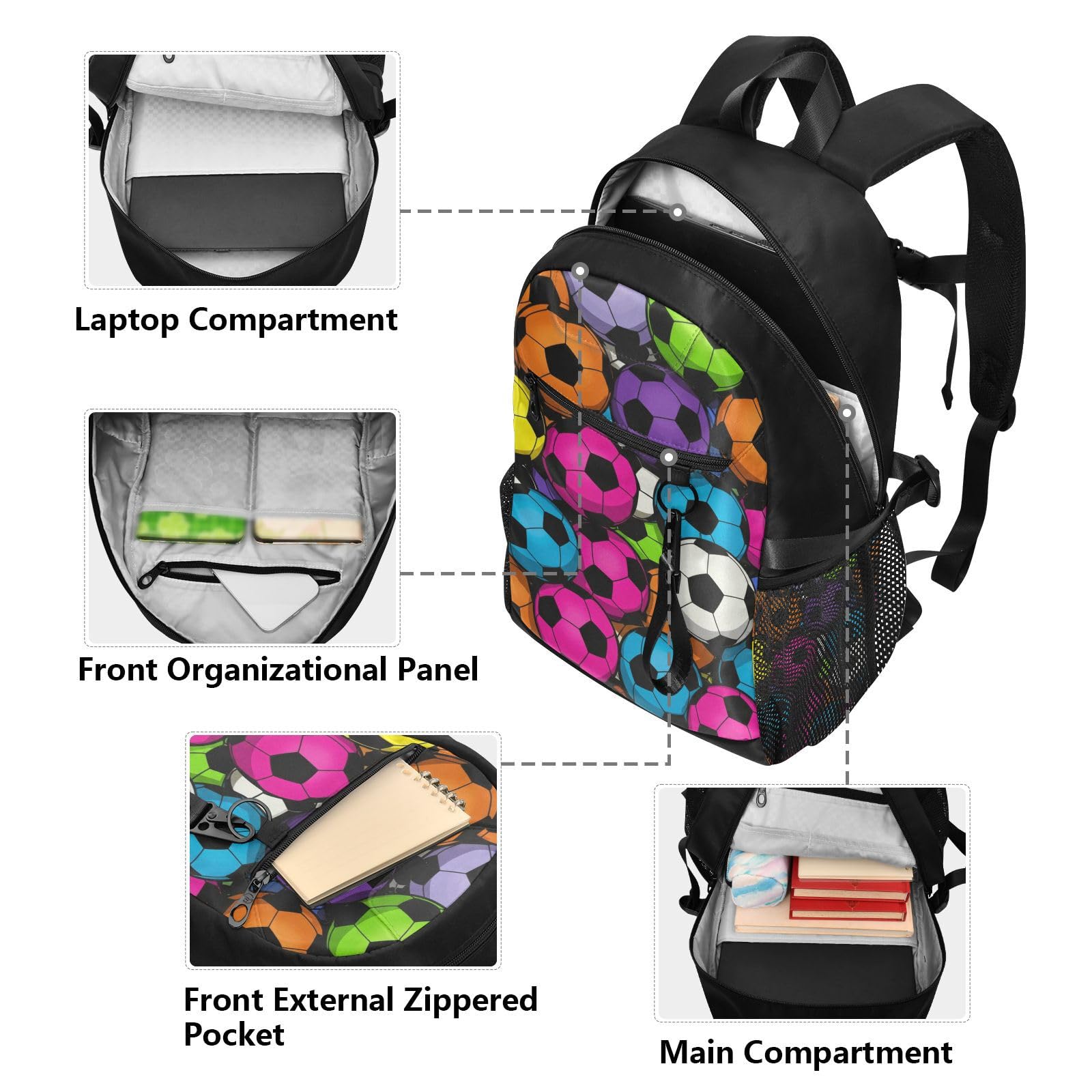 Mnsruu Zaini colorati per la scuola con palla da calcio per adolescenti, zaino universitario per ragazzi e ragazze, zaino casual alla moda per scuola superiore, zaino per laptop da 18,5 pollici