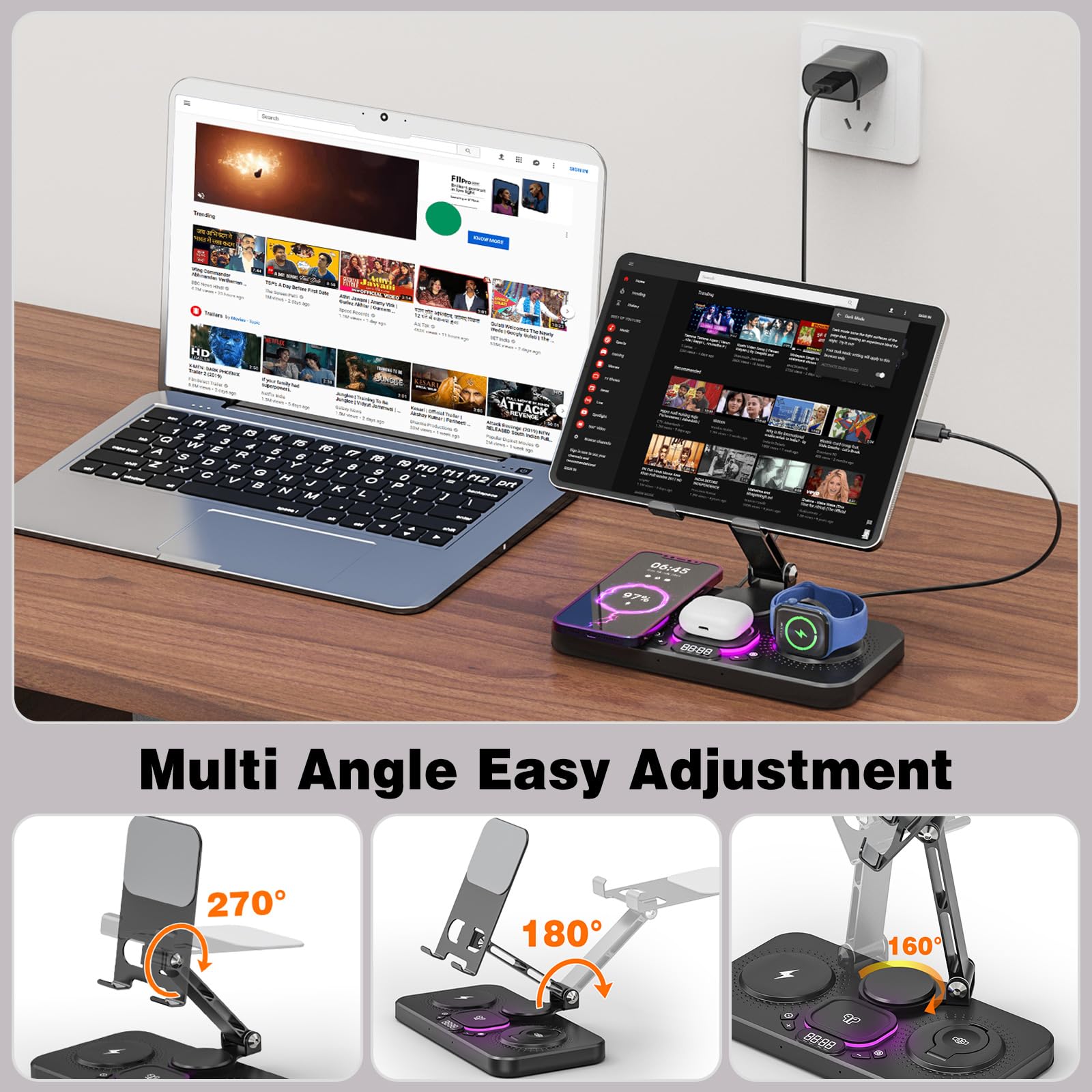 4 in 1 Stazione di Ricarica per iPhone, Supporto da Tavolo per Tablet con Caricatore Wireless, Ricarica Wireless per iPhone 16/15/14/13/12, iWatch, Auriculares | Supporto da tavolo regolabile per tablet con luce notturna a LED per iPad Pro Air Mini, table