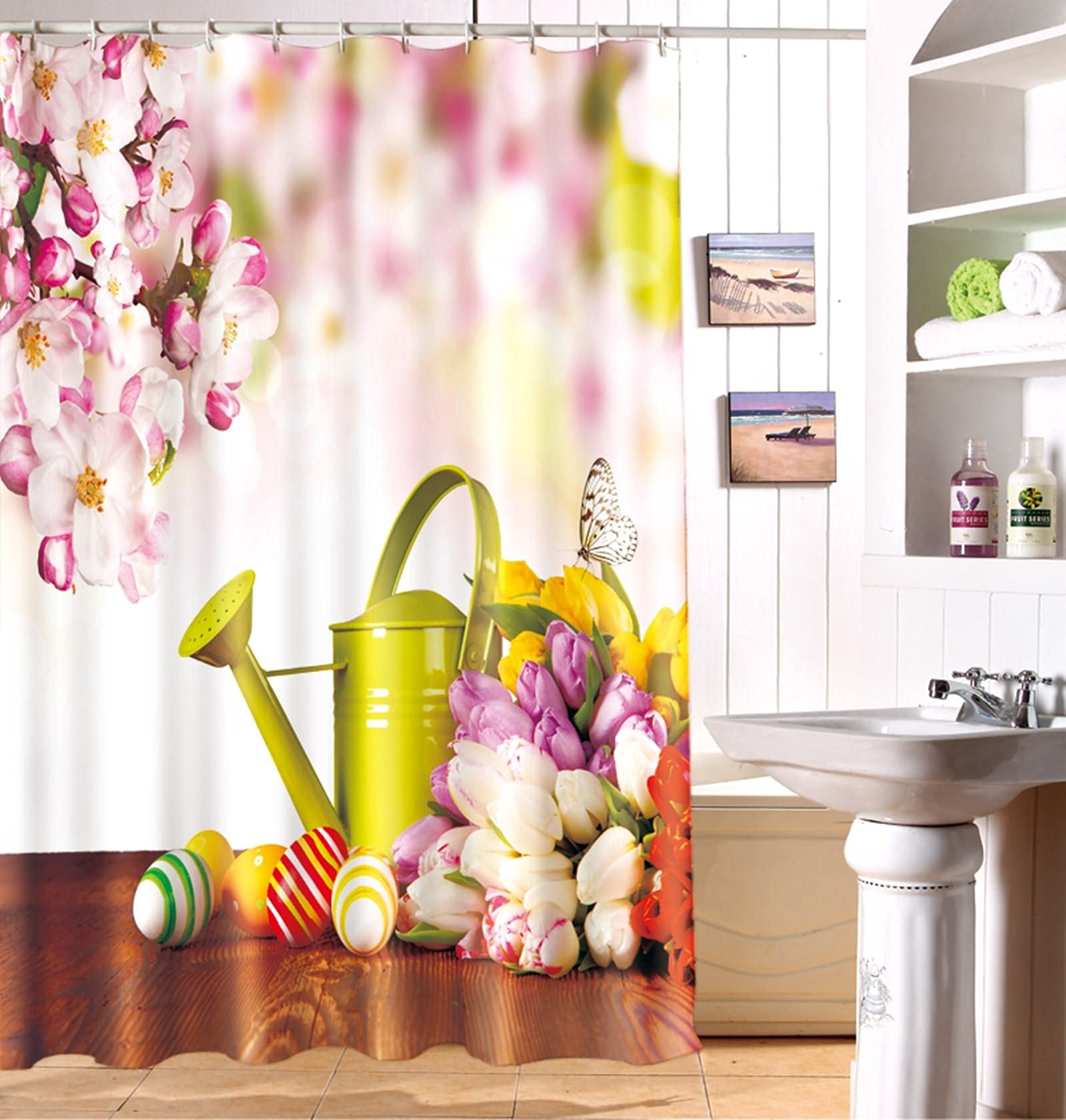 Rideau de douche japonais KnSam fleurs et arrosoir rose vert pour une salle de bain zen