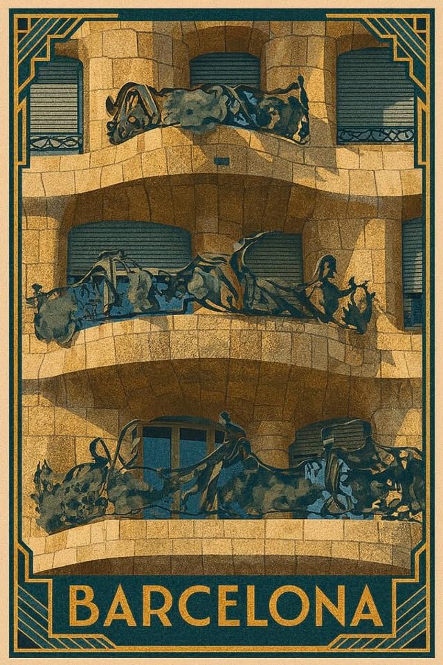 Póster de viaje vintage de La Pedrera para decorar tu salón con esencia de Barcelona