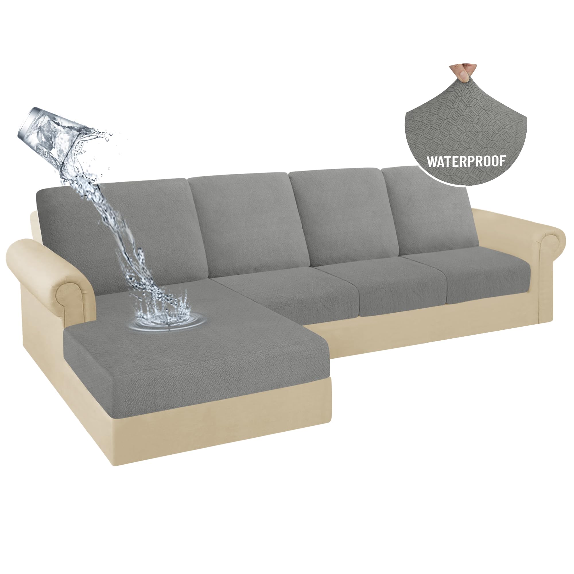 Photo 1 of HDCAXKJ 100% Waterproof Sectional Couch Cushion Covers 8 Pieces L Shape Sectional Cover Stretch Chaise Sofa Seat Slipcover Set Jacquard Magic Sofa Cover (Light Gray, 3 Seater + 4 Backrest + 1 Chaise)