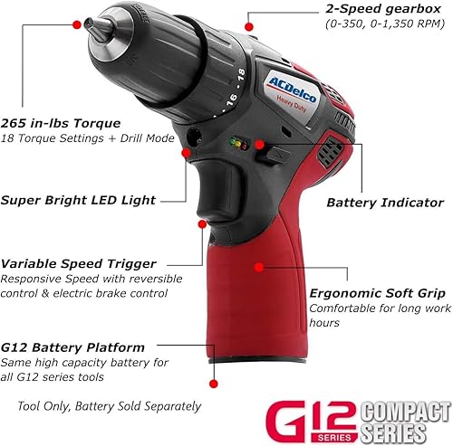 Miniatura 4 de ACDelco ARW1209-K16 Serie G12 12V Li-ion Inalámbrico 3/8" Llave de trinquete y taladro compacto Kit de herramientas combinado