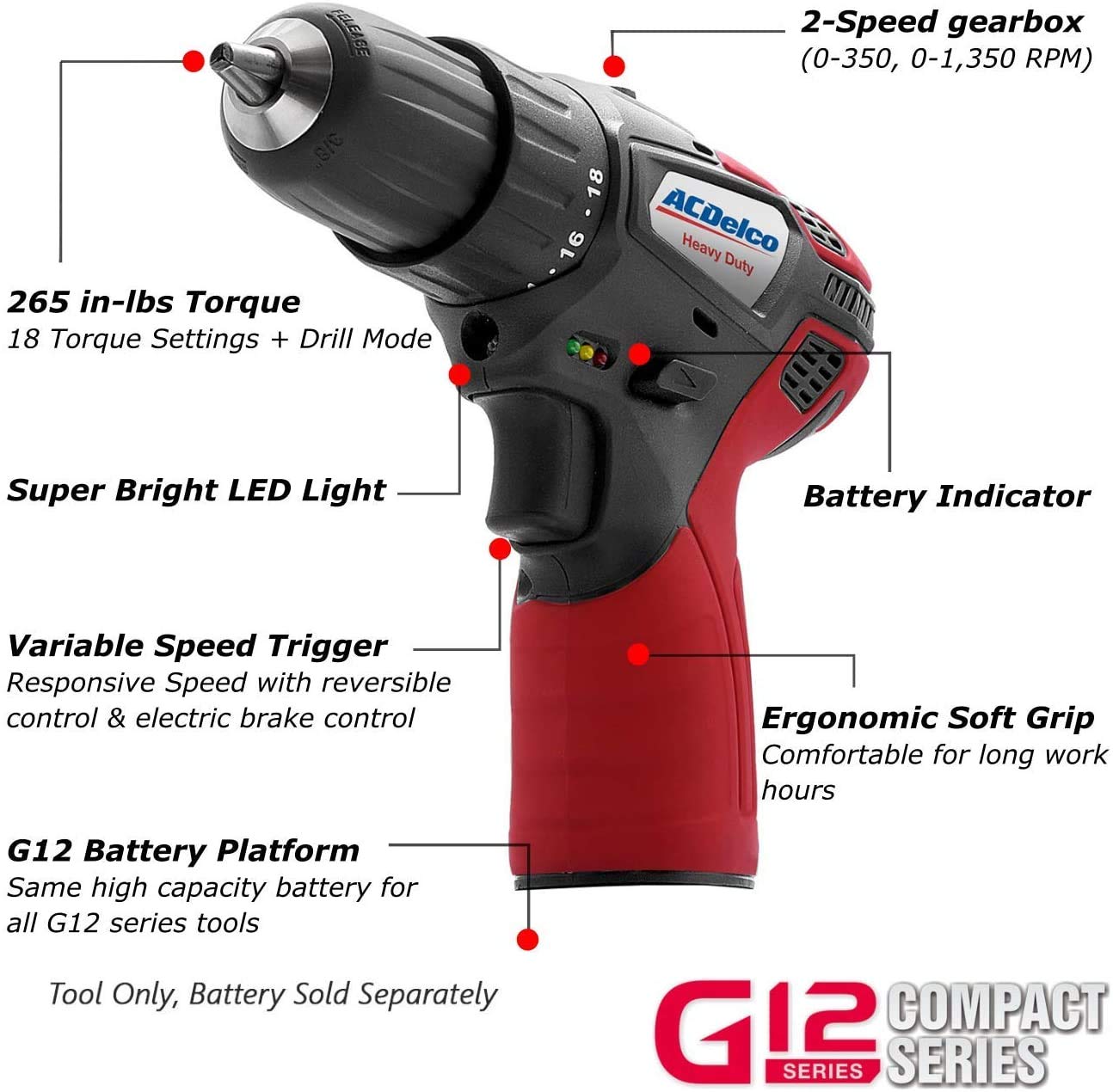 ACDelco ARW1209-K16 G12 Series 12V Li-ion inalámbrico de 3/8" Rachet llave y kit de herramientas de taladro compacto