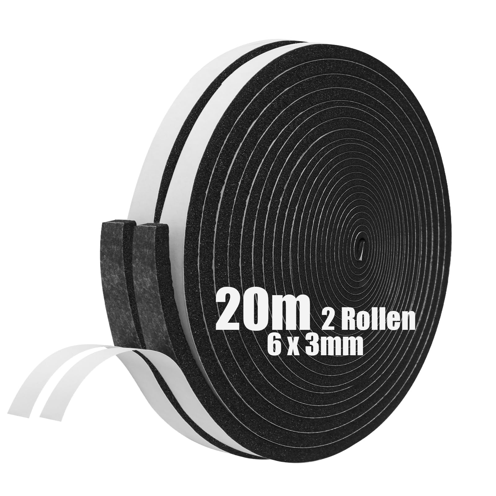 SDLDEER Foam Tape, Self Adhesive Foam Strip 6mm(W) X 3mm(T) X 20m(L) Weather Stripping Door Seal Strip, Draft Excluder for Windows Door, Anti-Collision, Weatherproof, Window Soundproofing(2 Rolls)